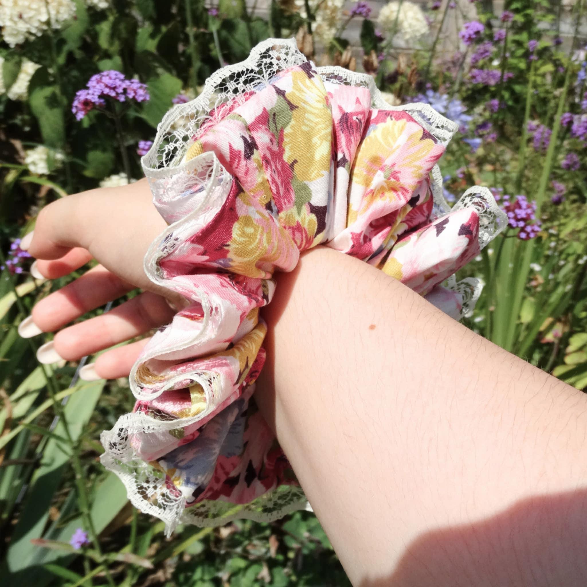 Mae Cotton Floral Scrunchie | Soft Pink & Pastel Mix with Lace Trim