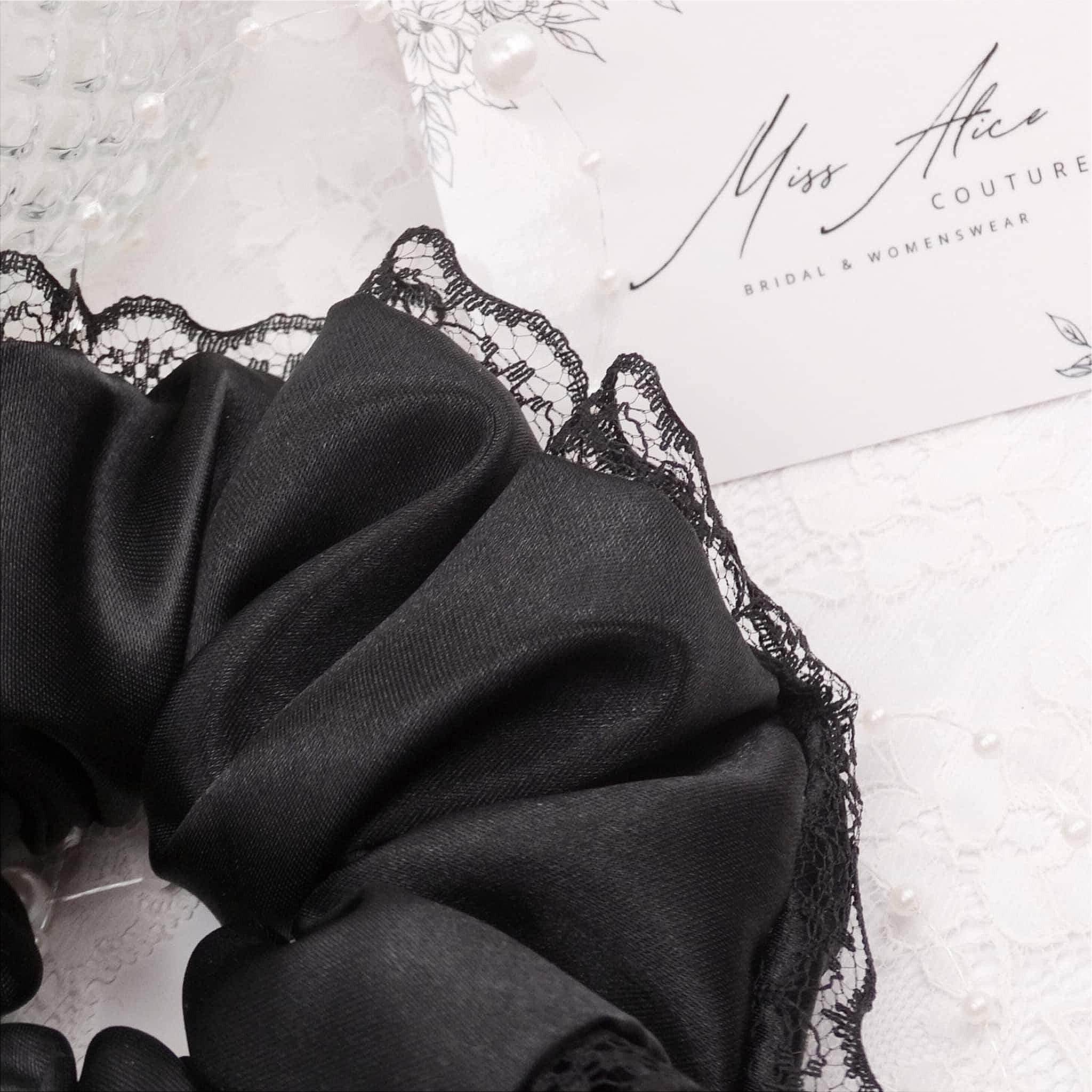 Zadie Satin Scrunchie | Delicate Black with Lace Trim