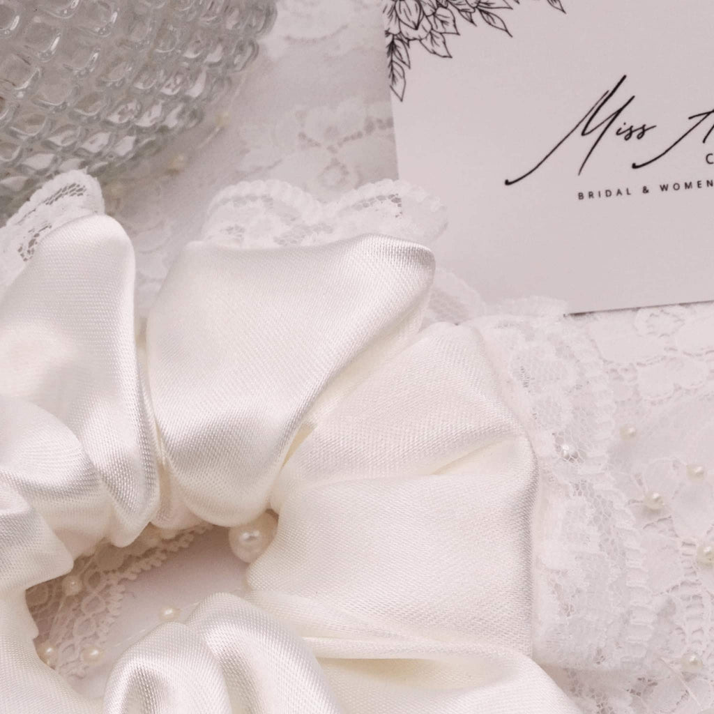 Stella Satin Scrunchie | Soft Cream Ivory with Lace Trim