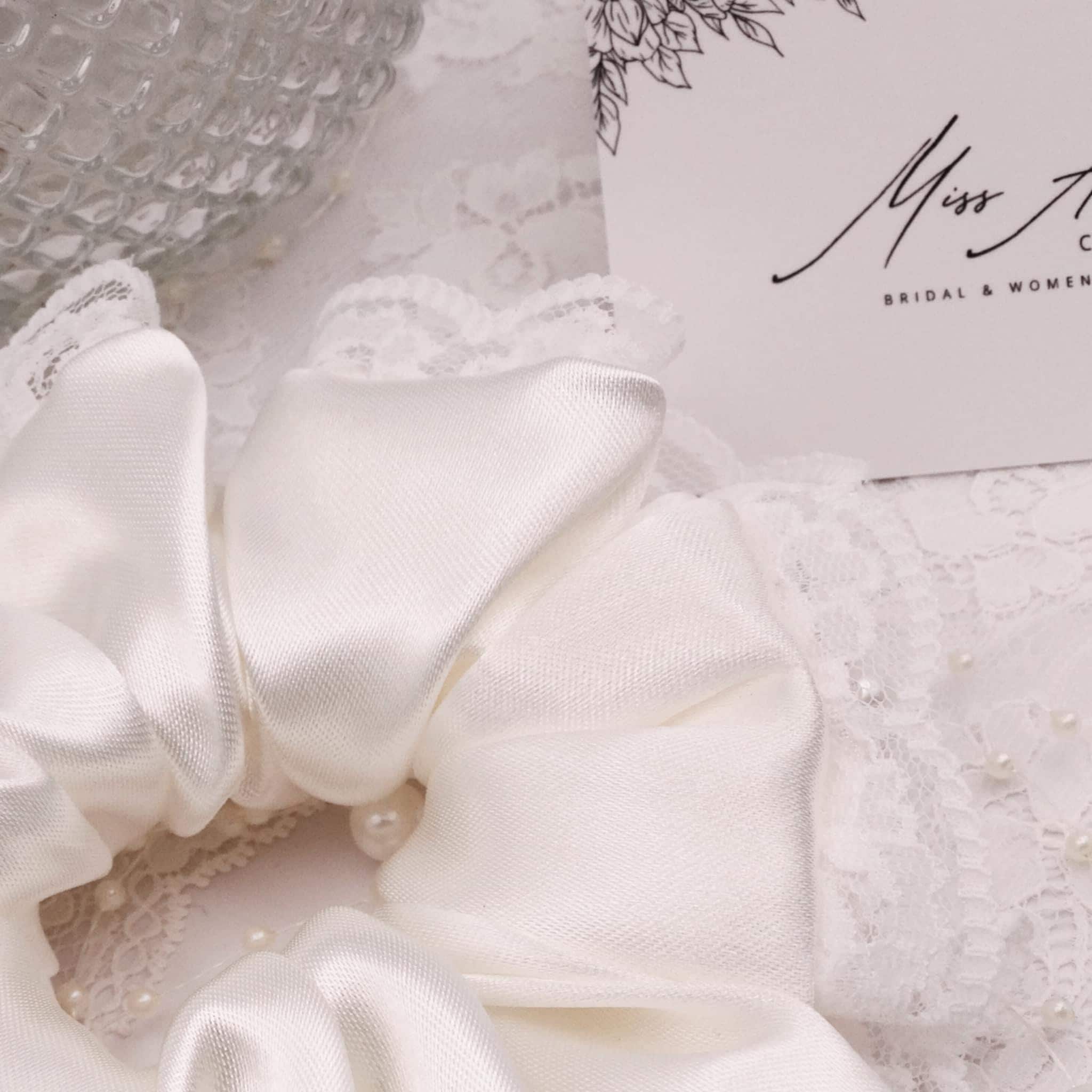 Stella Satin Scrunchie | Soft Cream Ivory with Lace Trim
