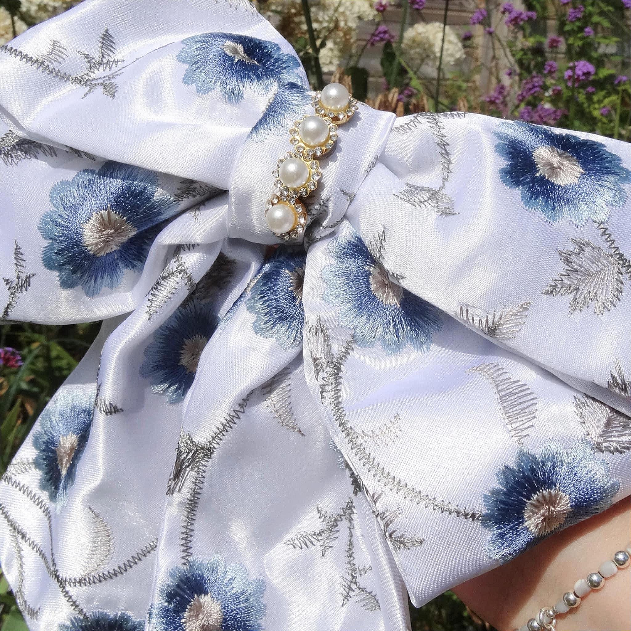 Ophelia Satin Hair Bow | White & Pastel Beaded Bow