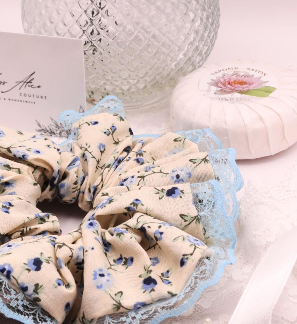 Annie Cotton Scrunchie | Cream with Blue Floral Print and Lace Trim