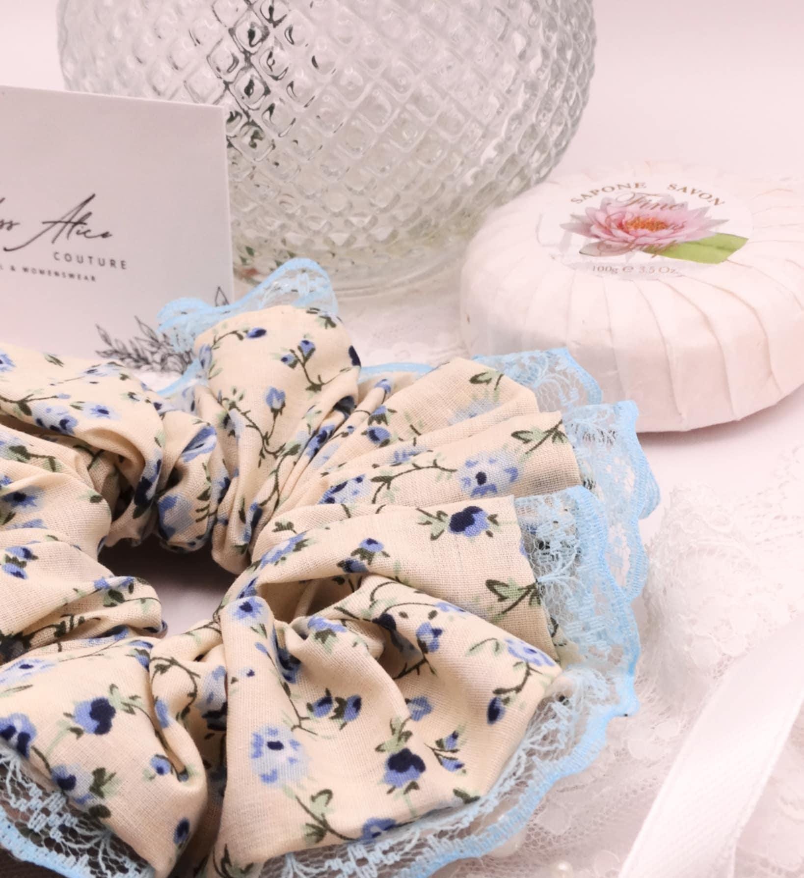 Annie Cotton Scrunchie | Cream with Blue Floral Print and Lace Trim