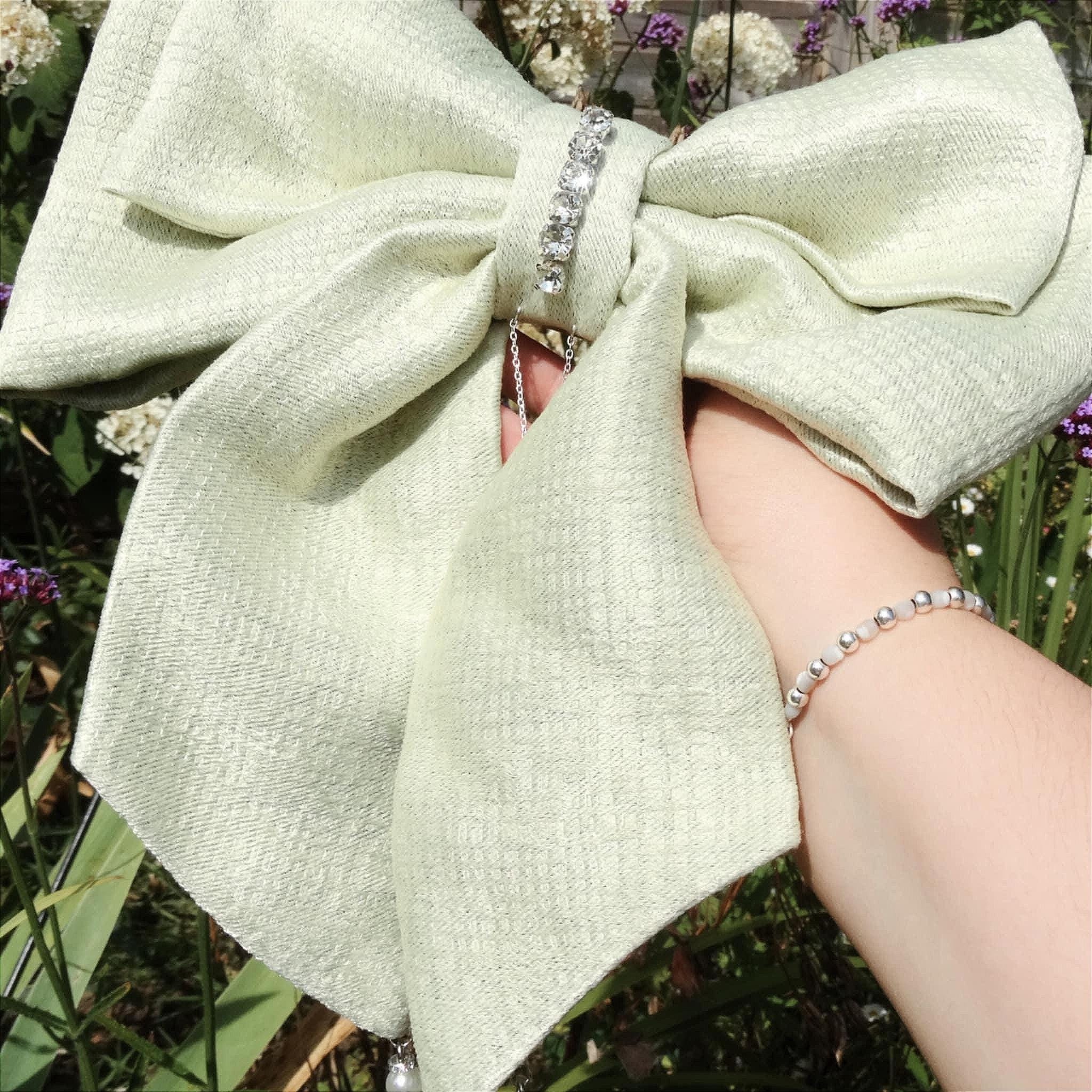 Faye Sage Green Hair Bow | Beaded Bow with Pearls & Diamanté