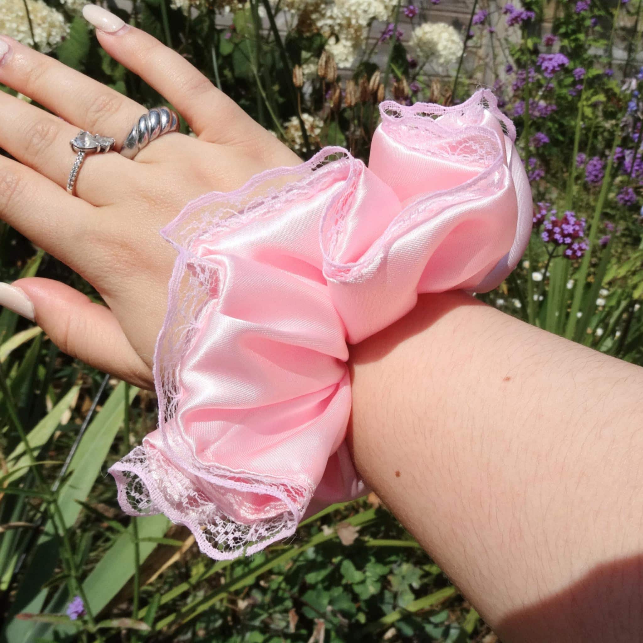 Blossom Satin Scrunchie | Delicate Pink with Lace Trim