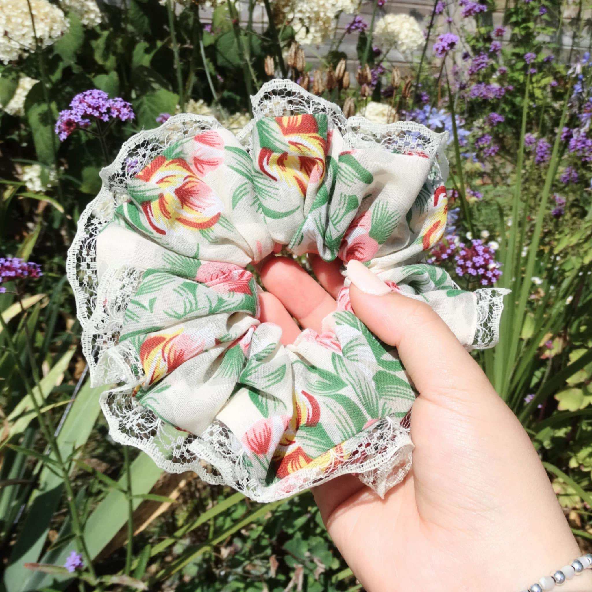 Flora Cotton Floral Scrunchie | Soft Light & Dark Pink with Sage and Dark Green Lace Trim
