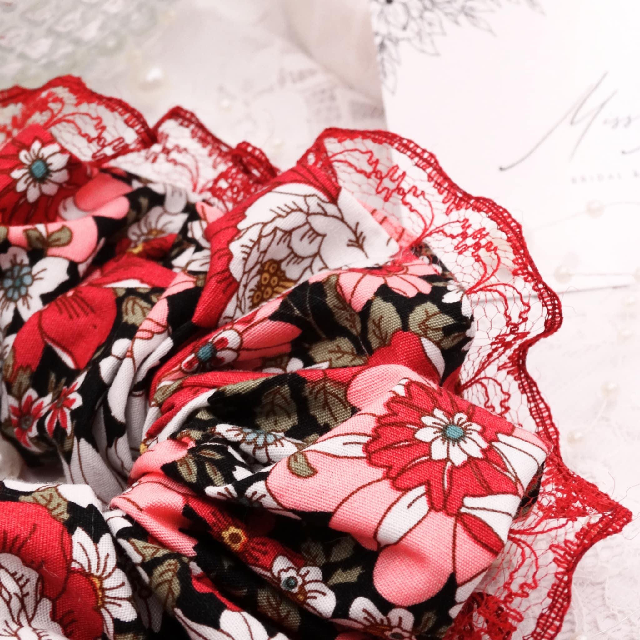Gia Cotton Floral Scrunchie | Soft Dark Pink with Green & Black Accents, Lace Trim