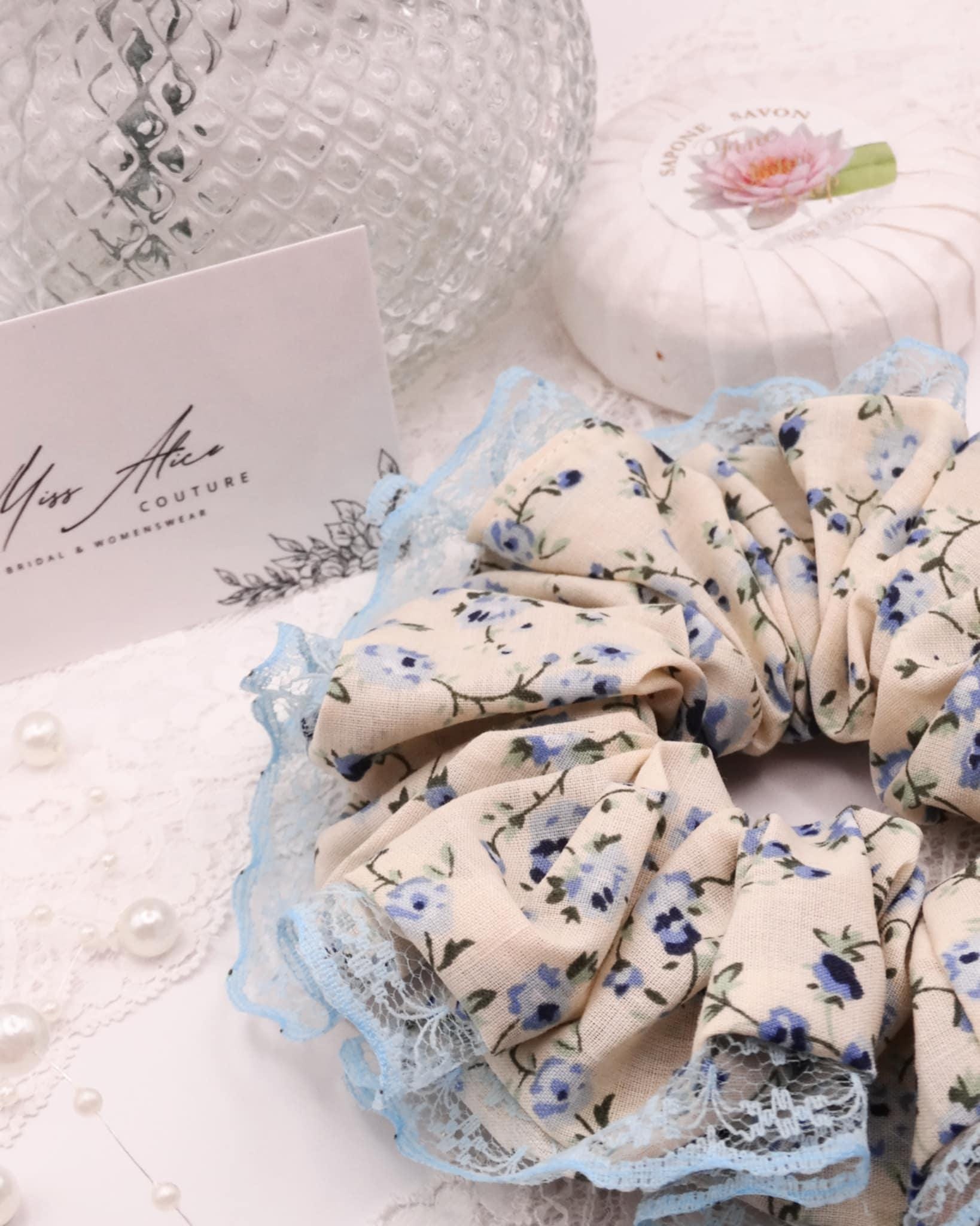 Annie Cotton Scrunchie | Cream with Blue Floral Print and Lace Trim