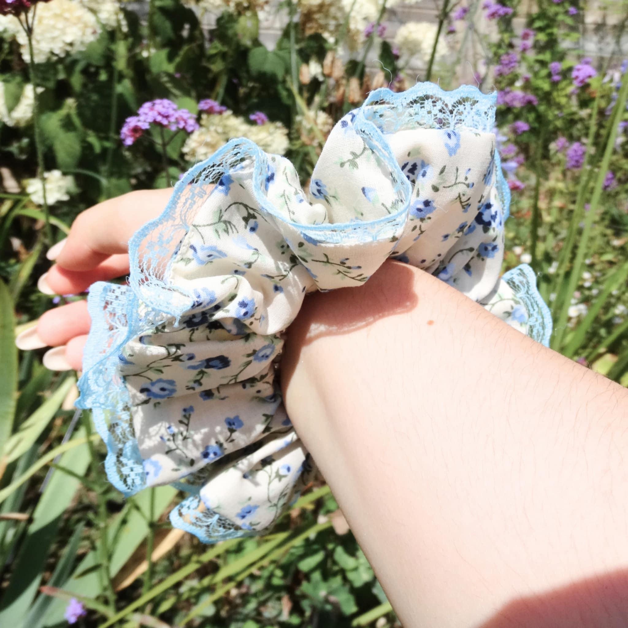 Annie Cotton Scrunchie | Cream with Blue Floral Print and Lace Trim