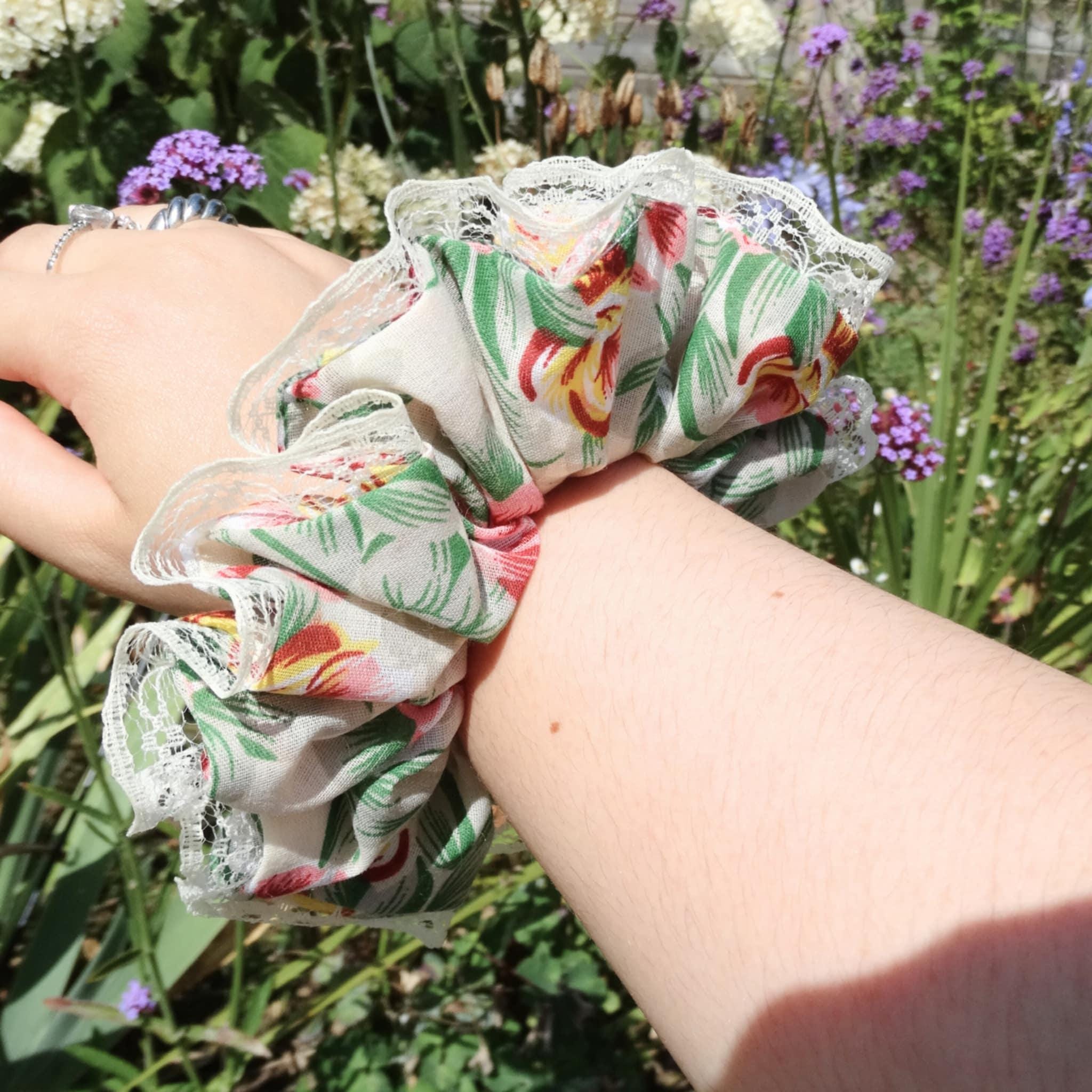 Flora Cotton Floral Scrunchie | Soft Light & Dark Pink with Sage and Dark Green Lace Trim