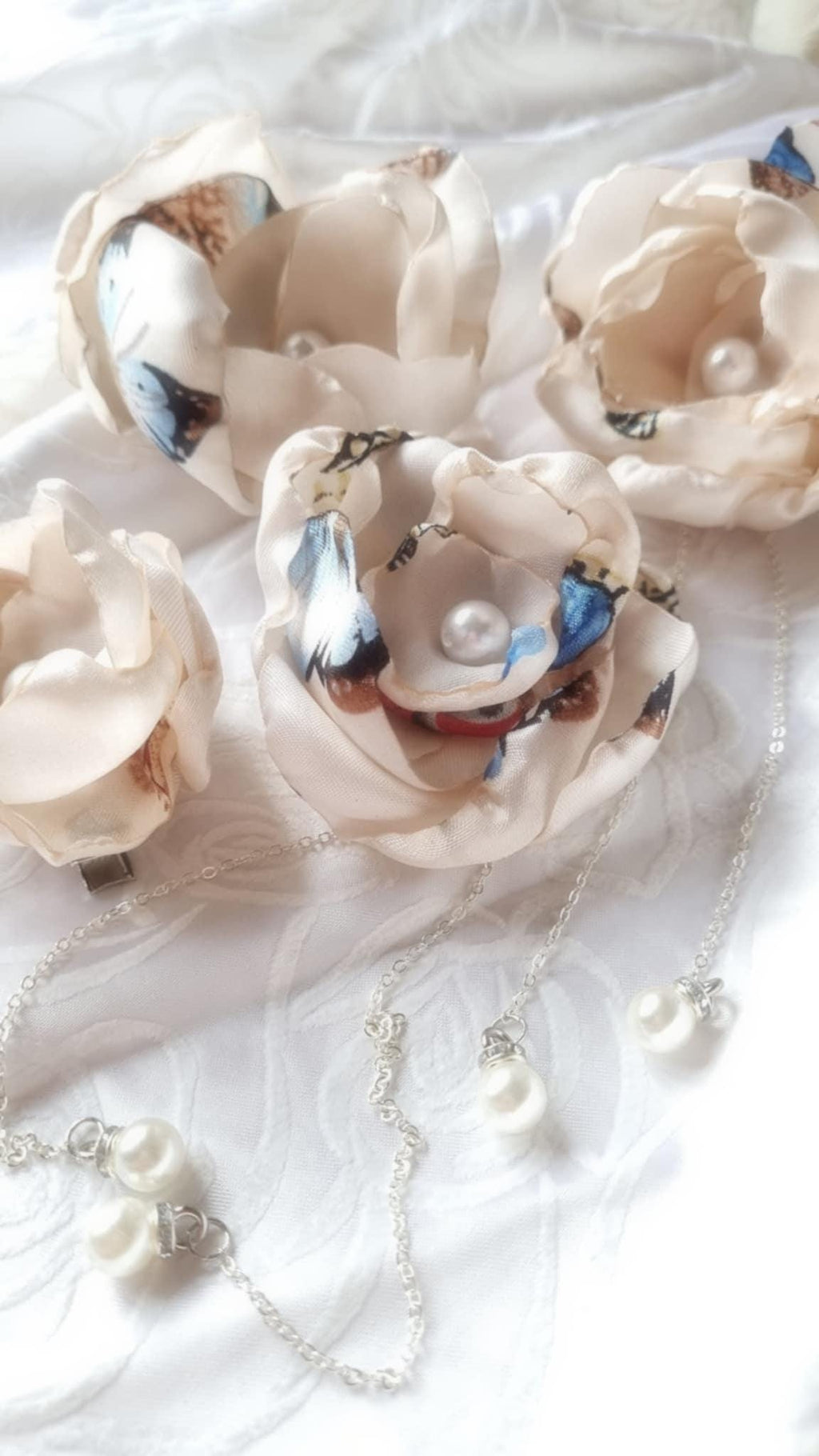 Rosaline Satin Flower Hair Clip with Hanging Pearl Chain | Pink Hair Accessory