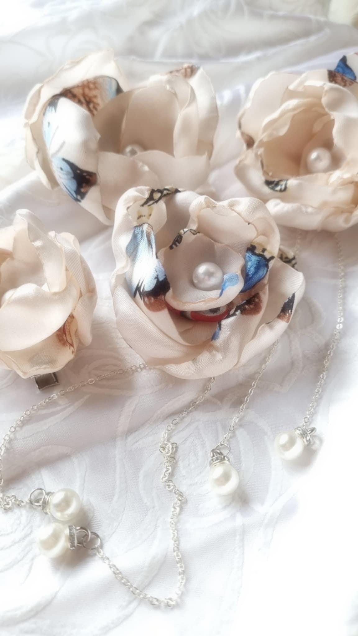 Rosaline Satin Flower Hair Clip with Hanging Pearl Chain | Pink Hair Accessory