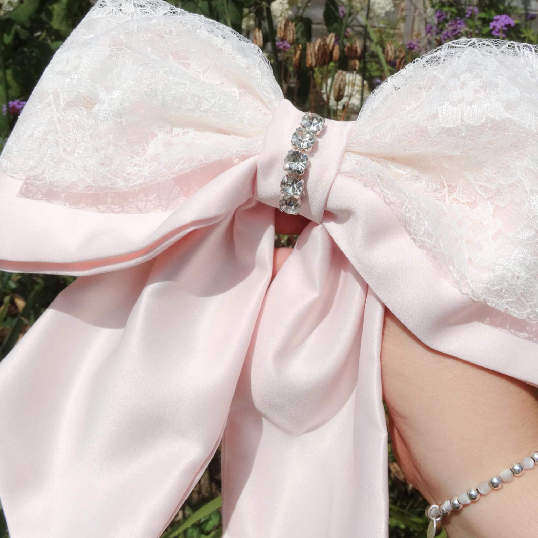 Estrella Pink Hair Bow | Lace & Pearl Bow with Diamanté