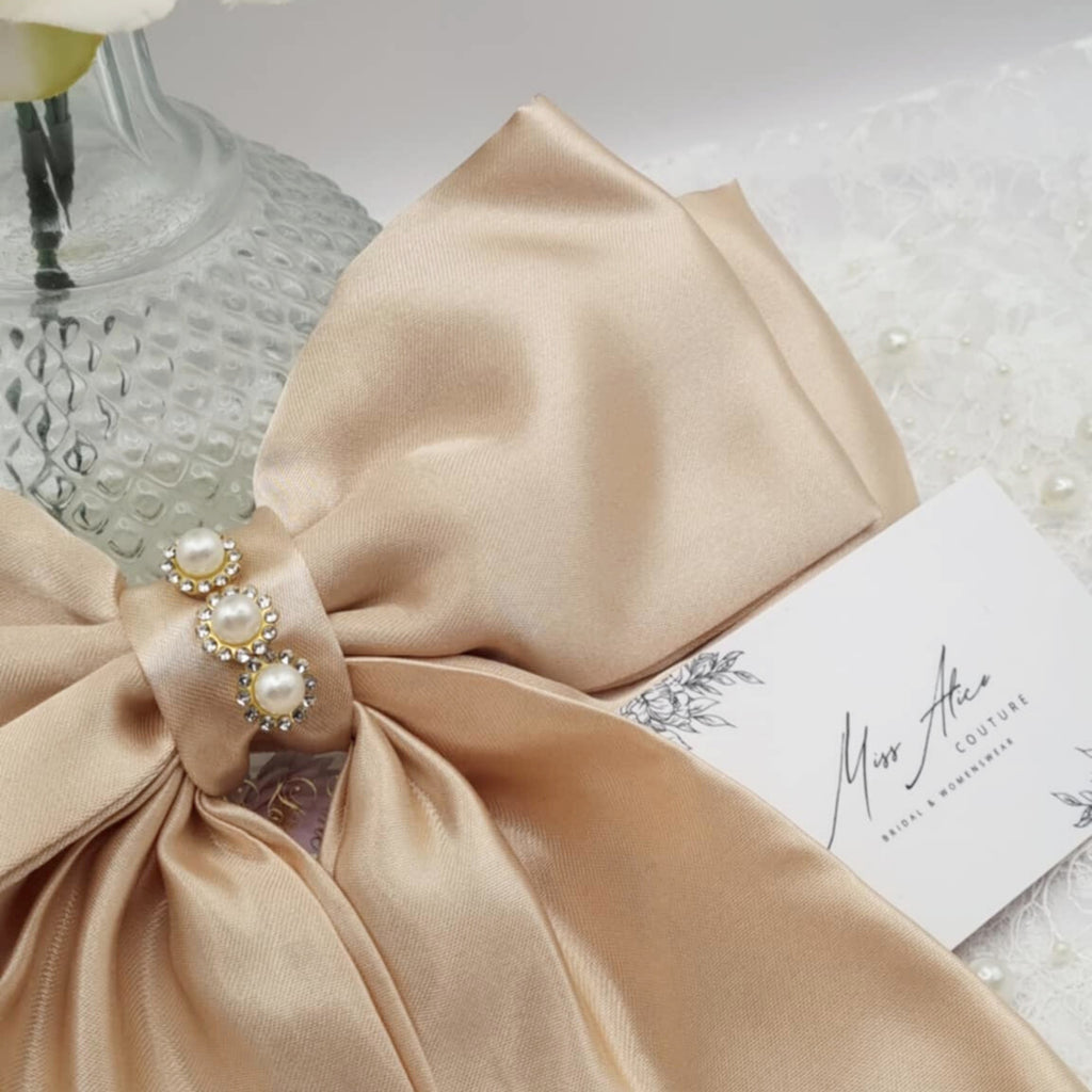 Aurelia Satin Bow | Silky Satin Bow with Pearls & Diamanté