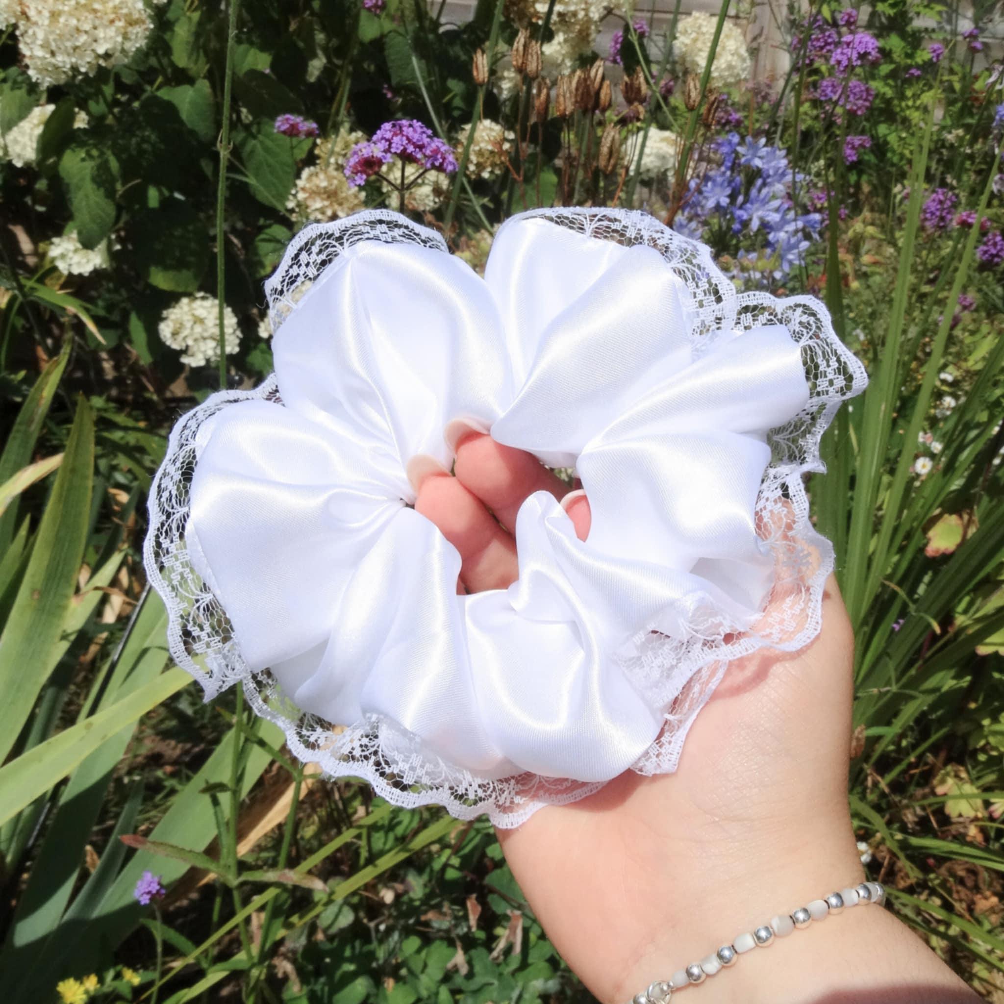 Brielle Satin Scrunchie | Delicate Soft White with Lace Trim