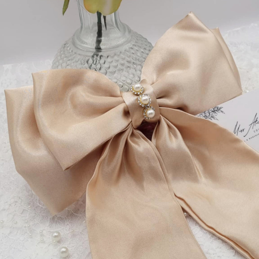Aurelia Satin Bow | Silky Satin Bow with Pearls & Diamanté