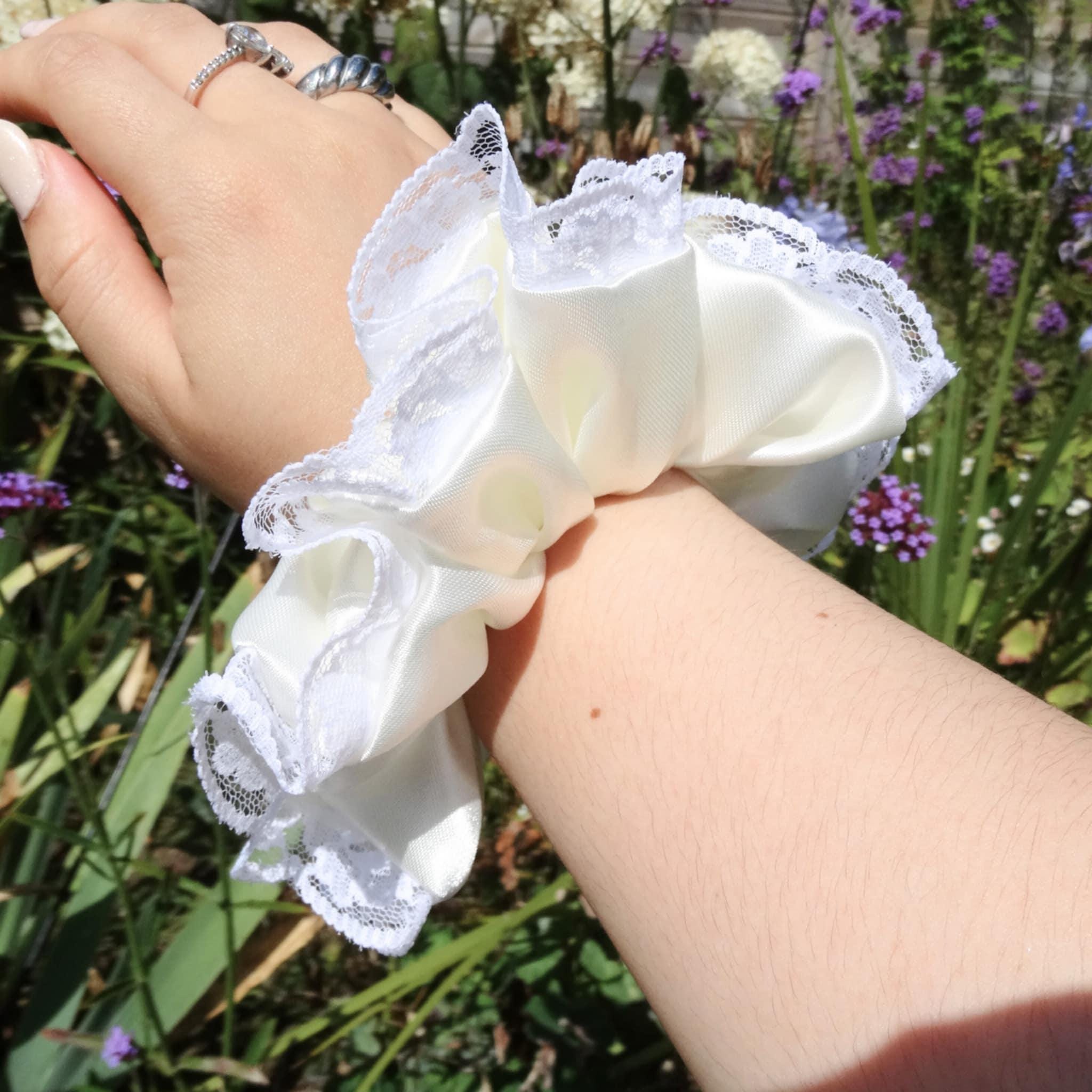 Stella Satin Scrunchie | Soft Cream Ivory with Lace Trim