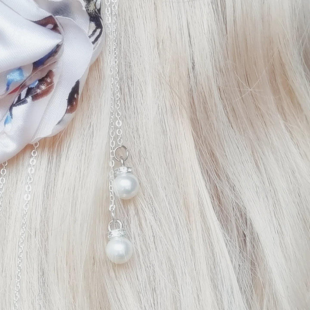 Rosaline Satin Flower Hair Clip with Hanging Pearl Chain | Pink Hair Accessory