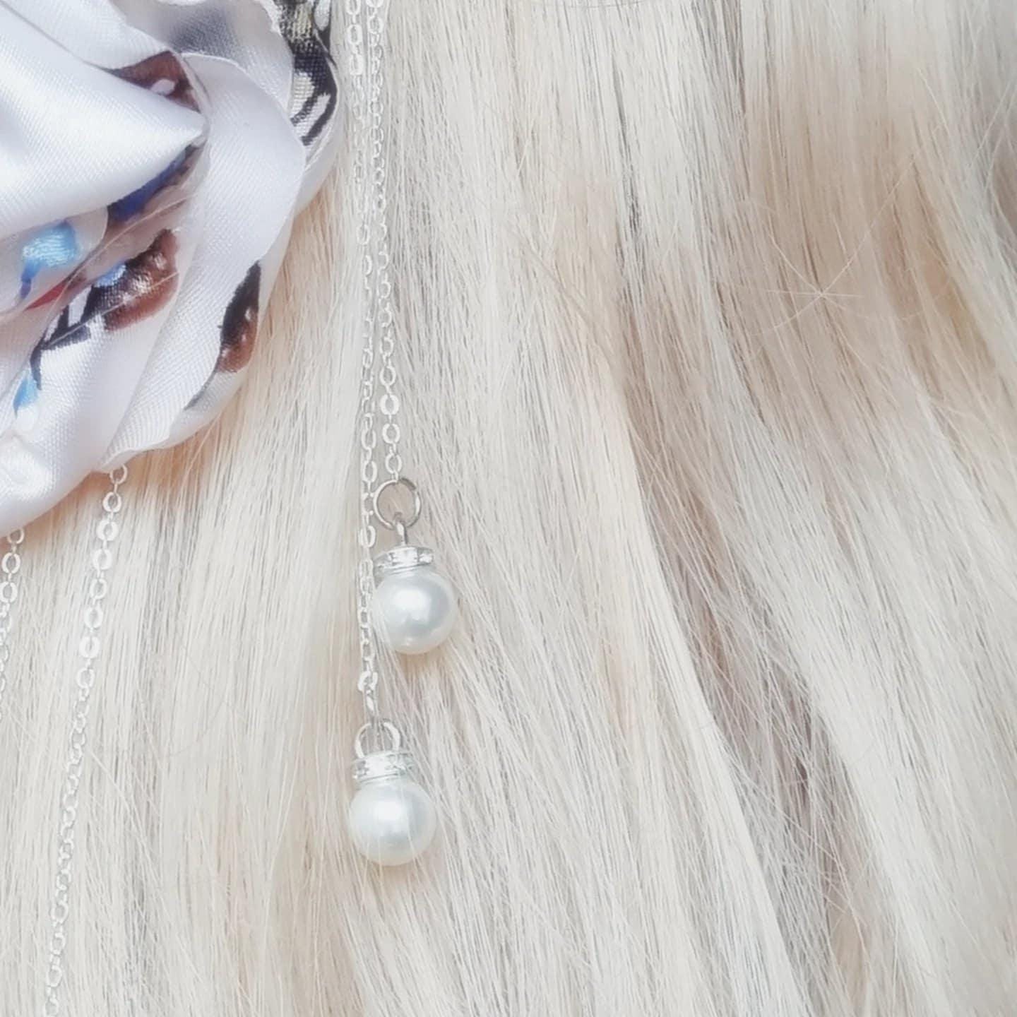 Rosaline Satin Flower Hair Clip with Hanging Pearl Chain | Pink Hair Accessory