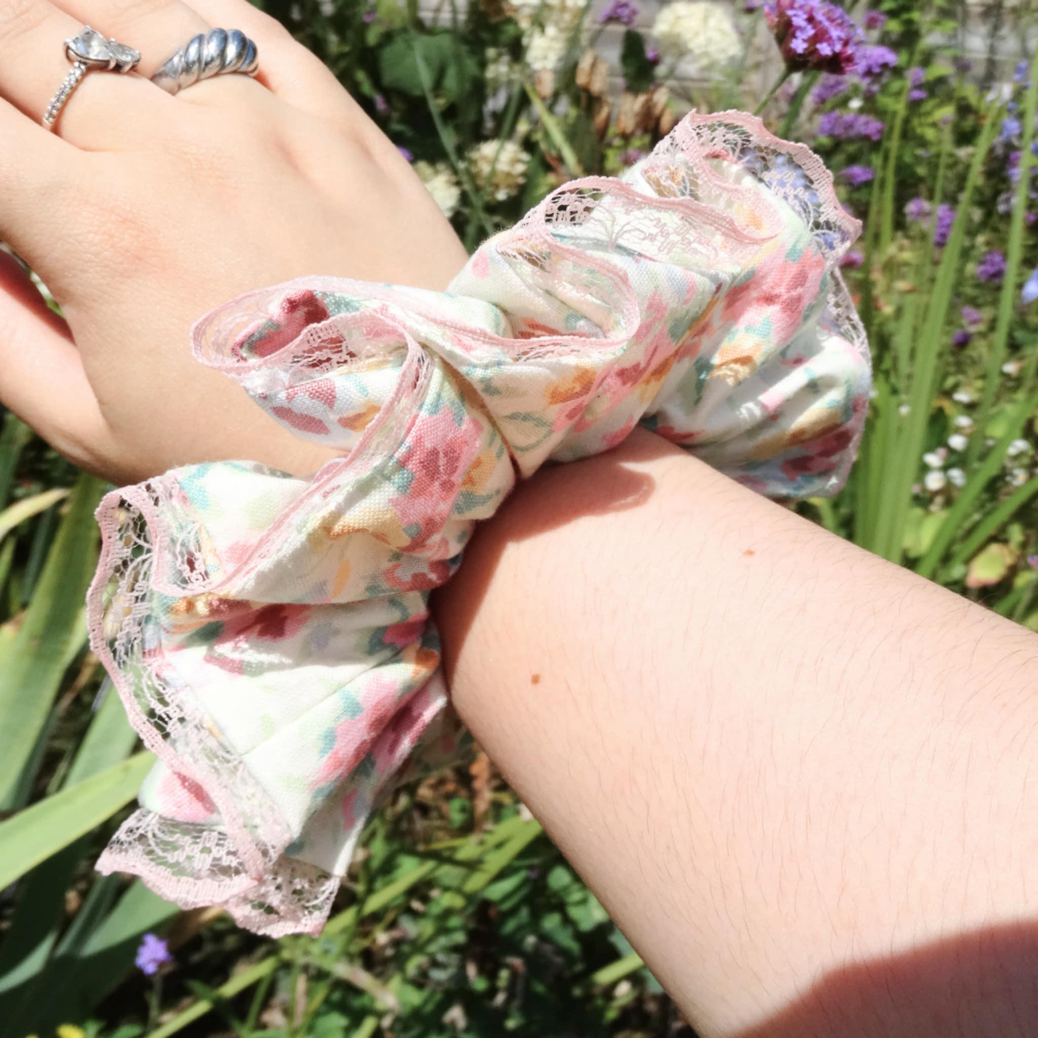 Lydia Cotton Floral Scrunchie | Soft Beige, Cream Pink & Pastel Accents with Lace