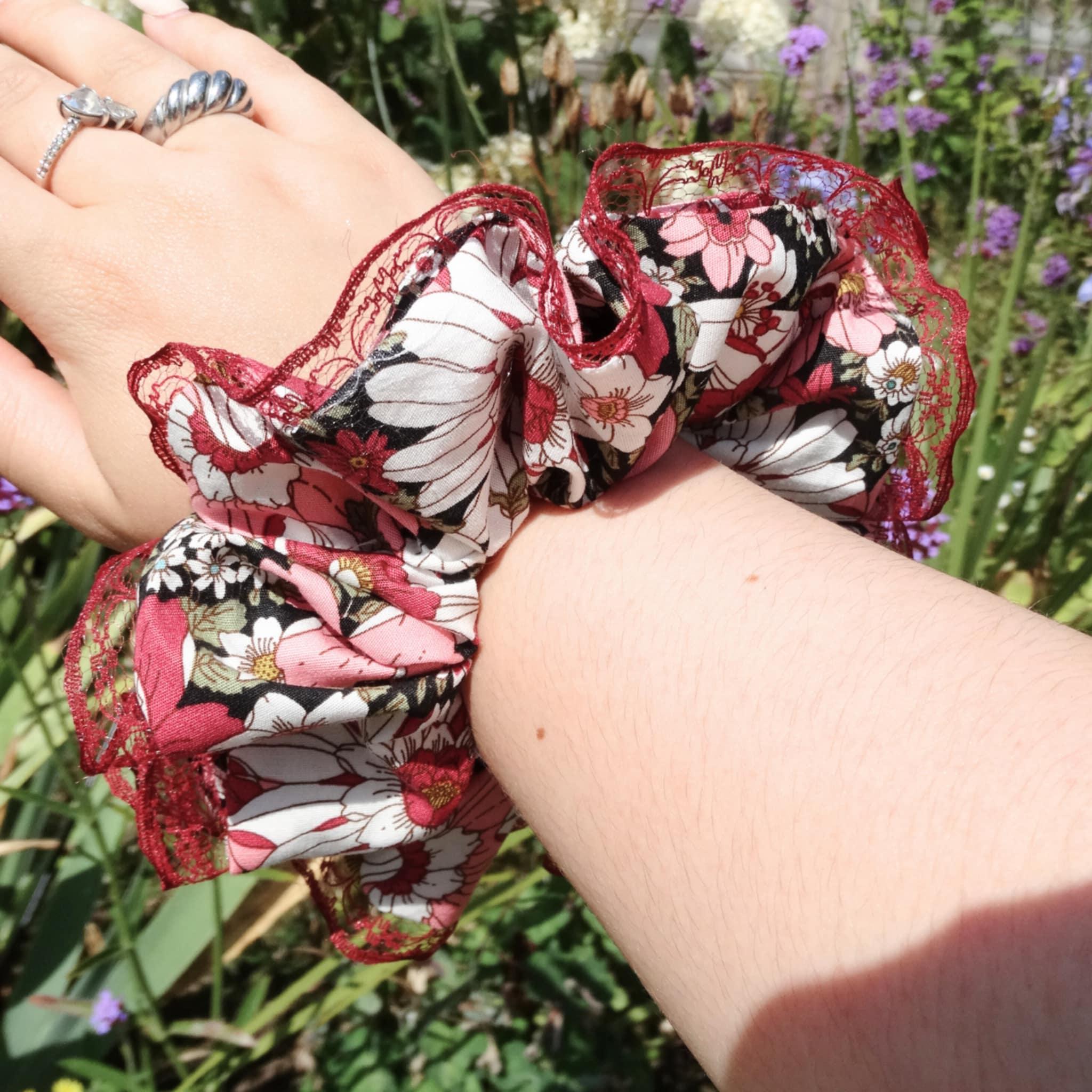Gia Cotton Floral Scrunchie | Soft Dark Pink with Green & Black Accents, Lace Trim