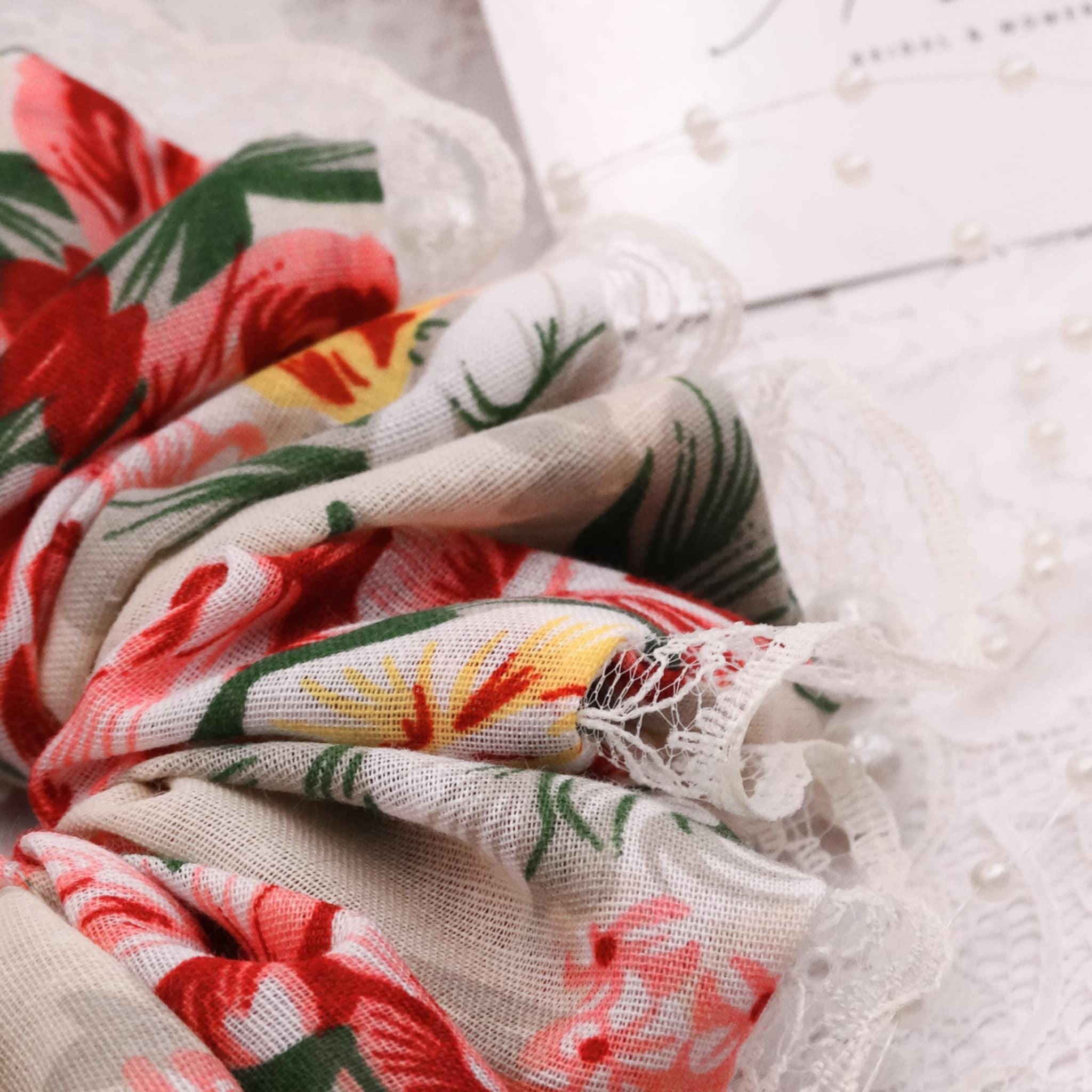 Flora Cotton Floral Scrunchie | Soft Light & Dark Pink with Sage and Dark Green Lace Trim