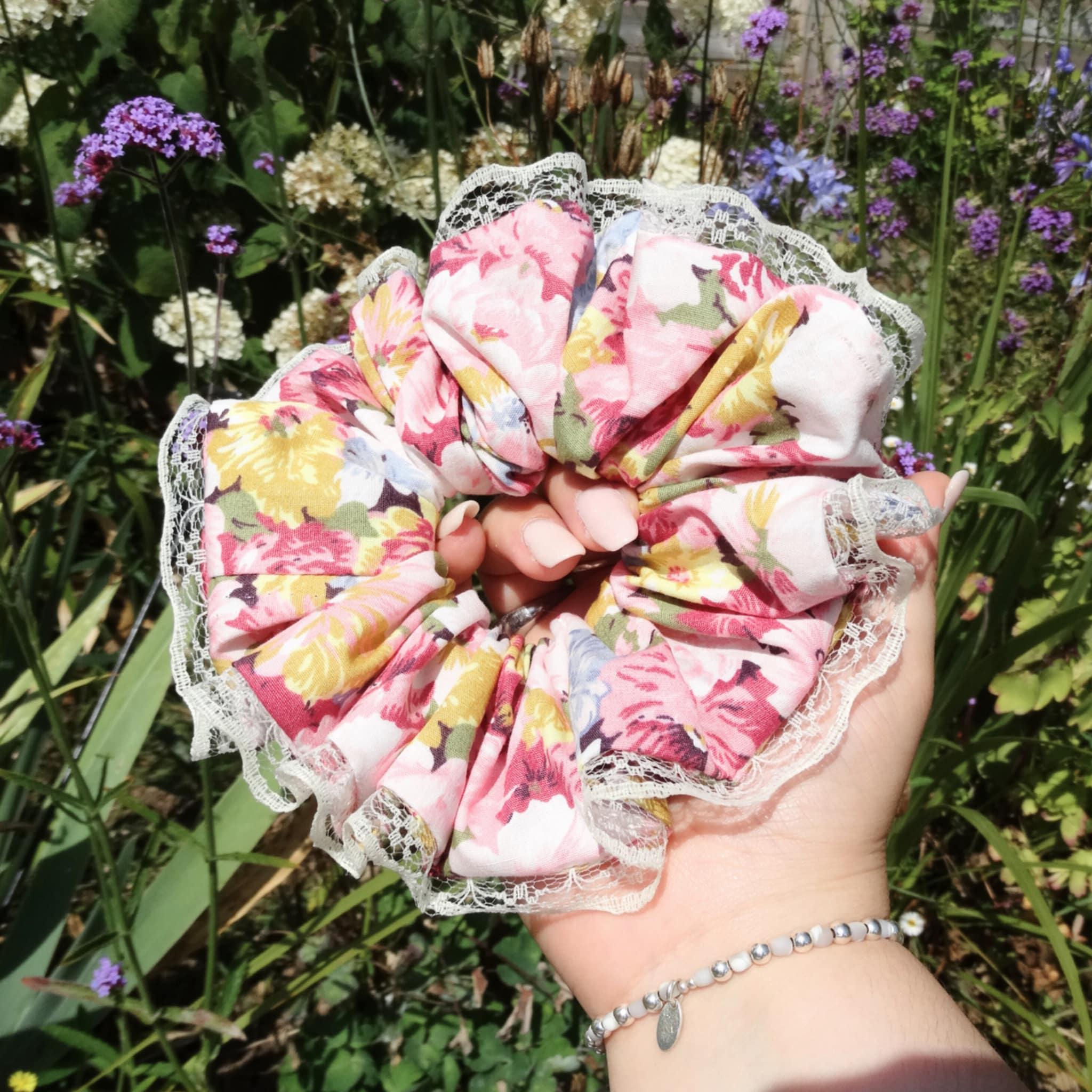 Mae Cotton Floral Scrunchie | Soft Pink & Pastel Mix with Lace Trim
