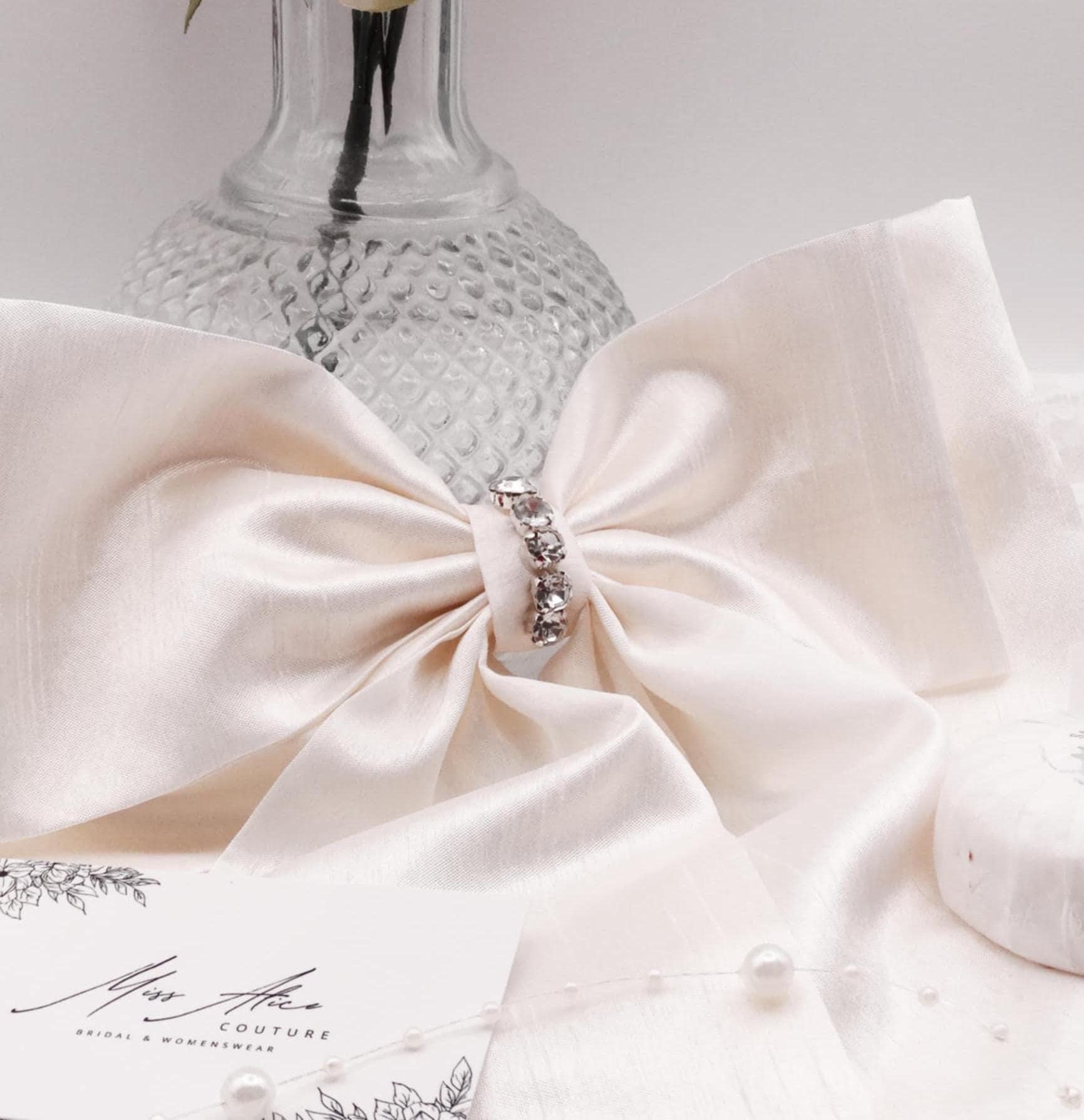 Isla Dupion Silk Bow | Soft Cream Ivory with Pearl & Diamanté Detail