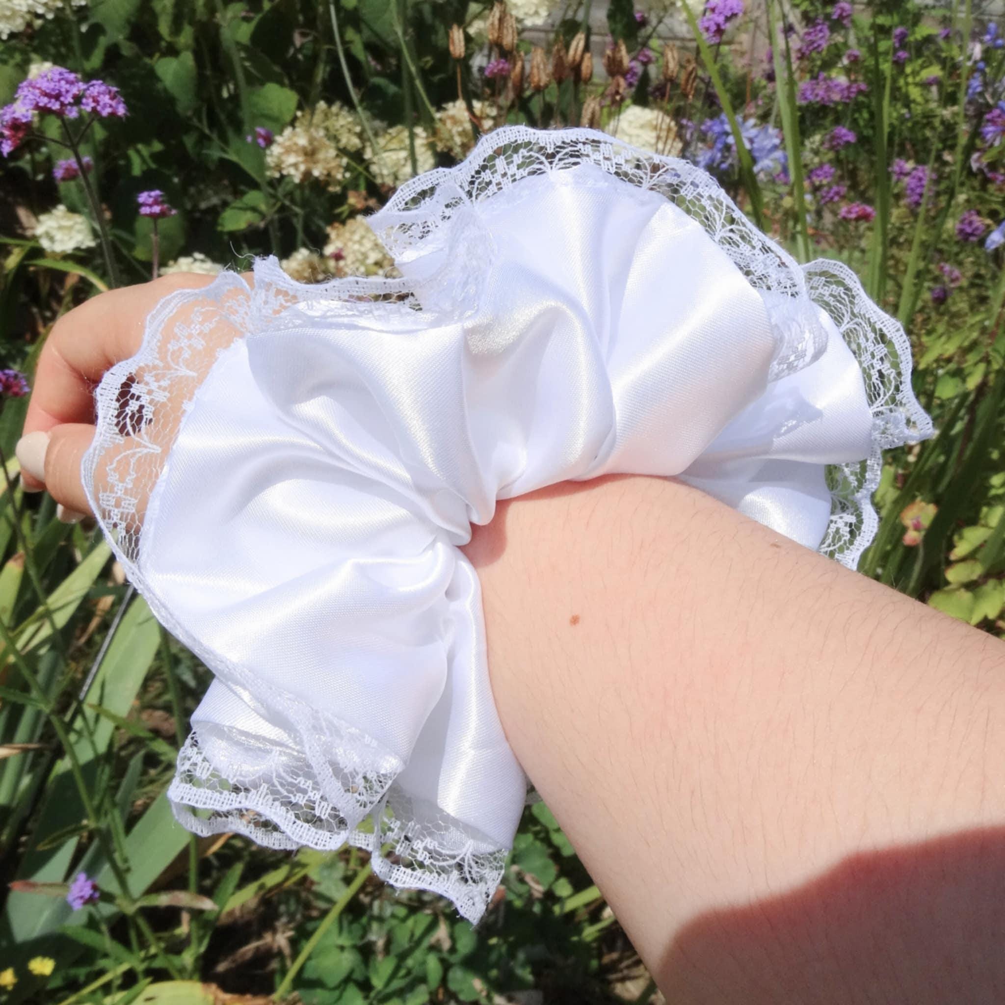 Brielle Satin Scrunchie | Delicate Soft White with Lace Trim