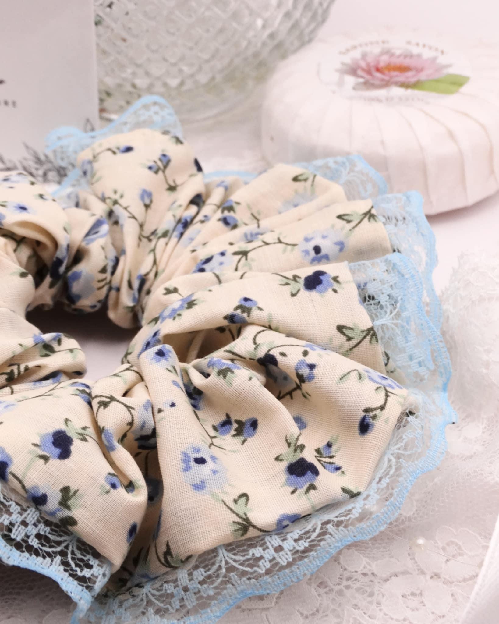 Annie Cotton Scrunchie | Cream with Blue Floral Print and Lace Trim