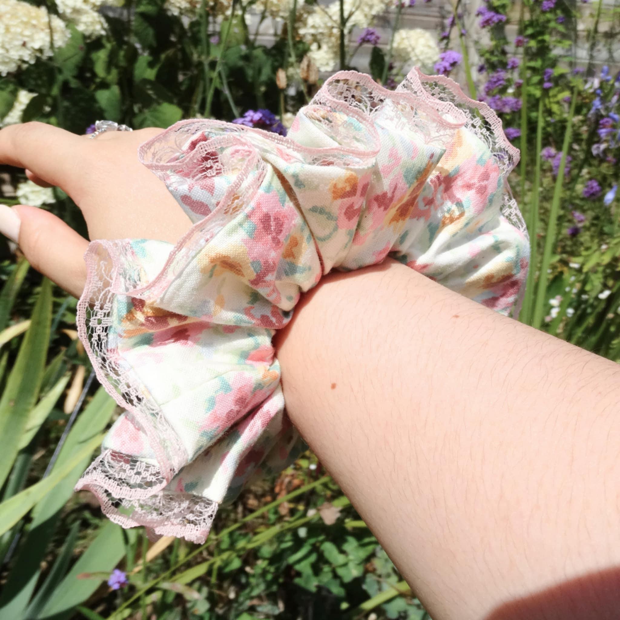 Lydia Cotton Floral Scrunchie | Soft Beige, Cream Pink & Pastel Accents with Lace
