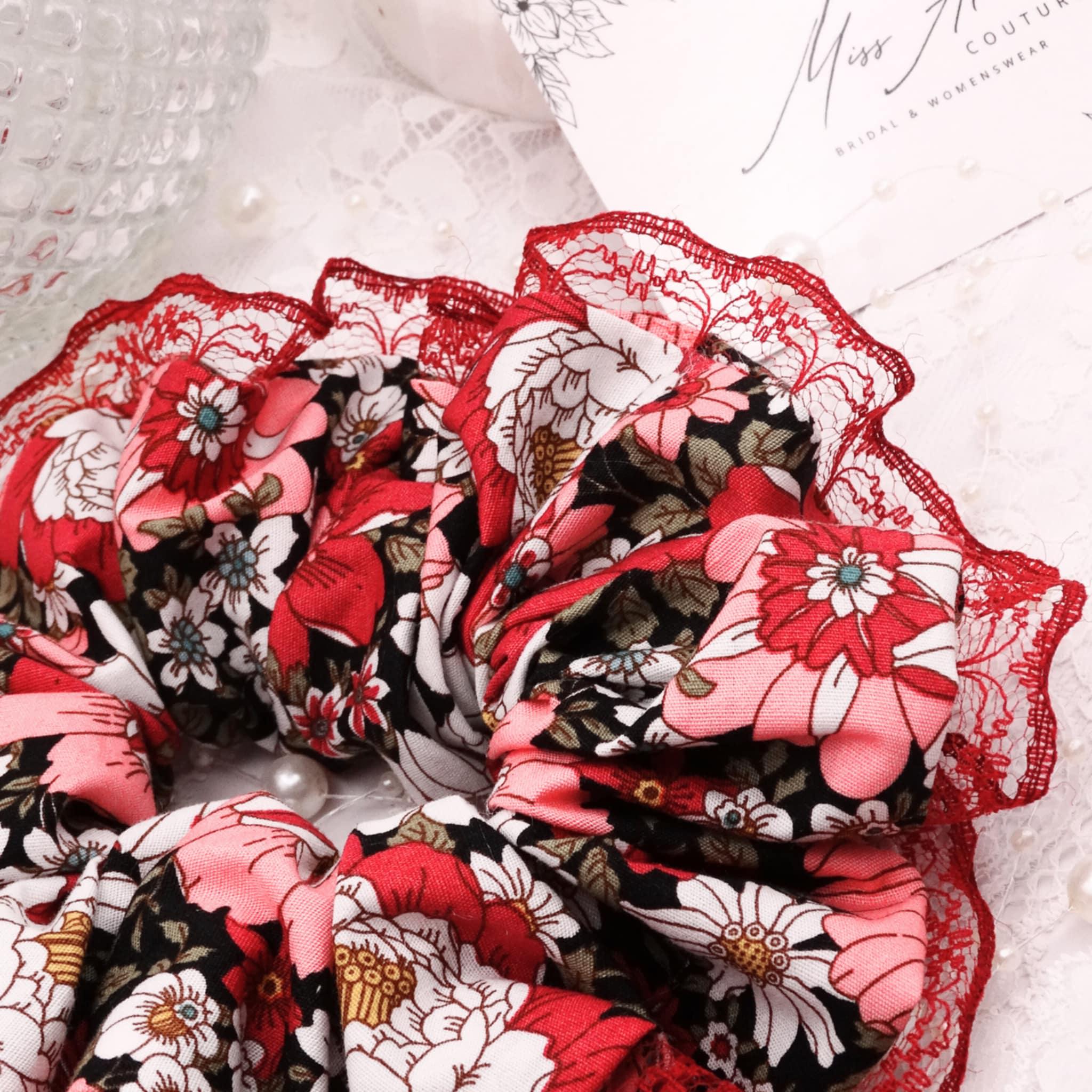 Gia Cotton Floral Scrunchie | Soft Dark Pink with Green & Black Accents, Lace Trim