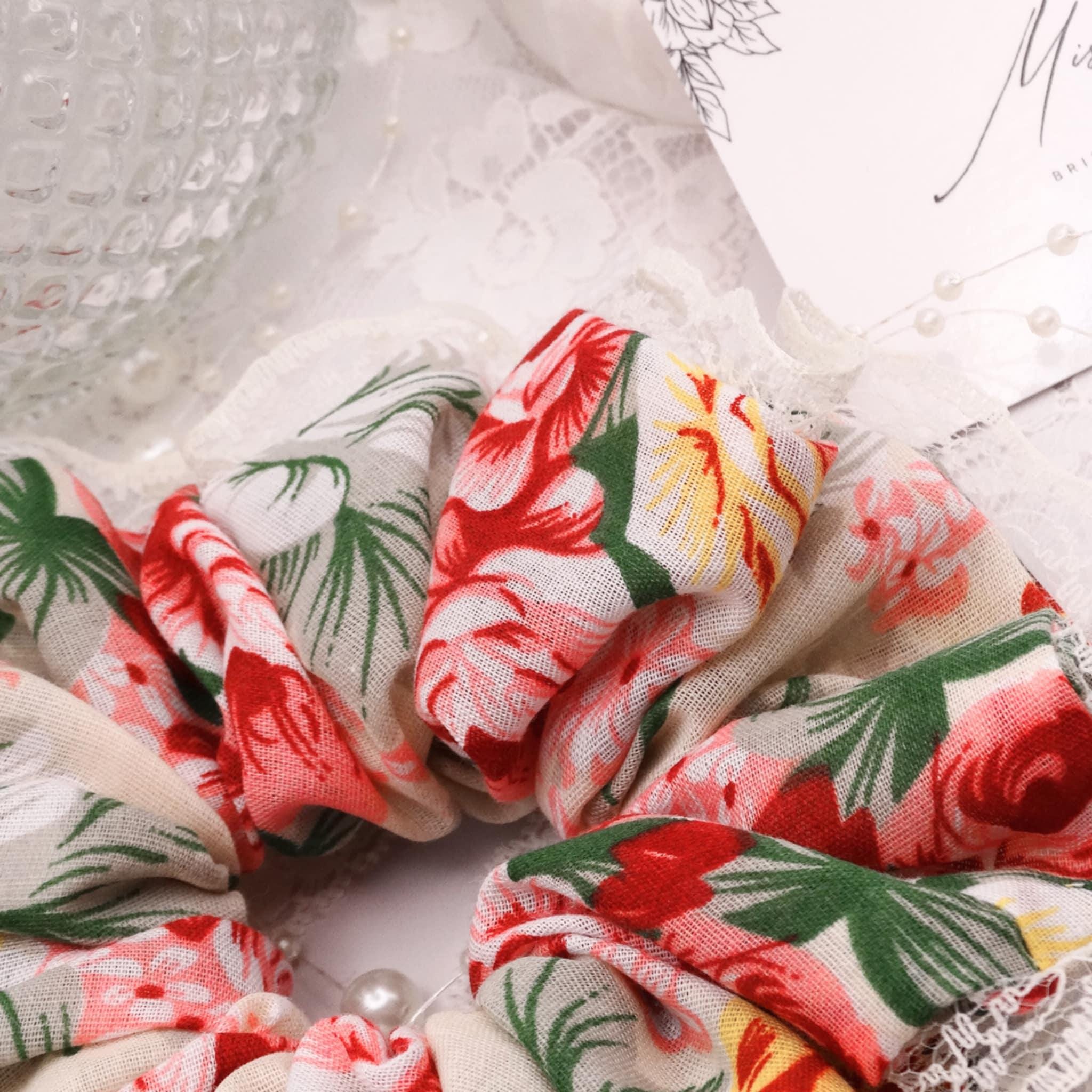 Flora Cotton Floral Scrunchie | Soft Light & Dark Pink with Sage and Dark Green Lace Trim