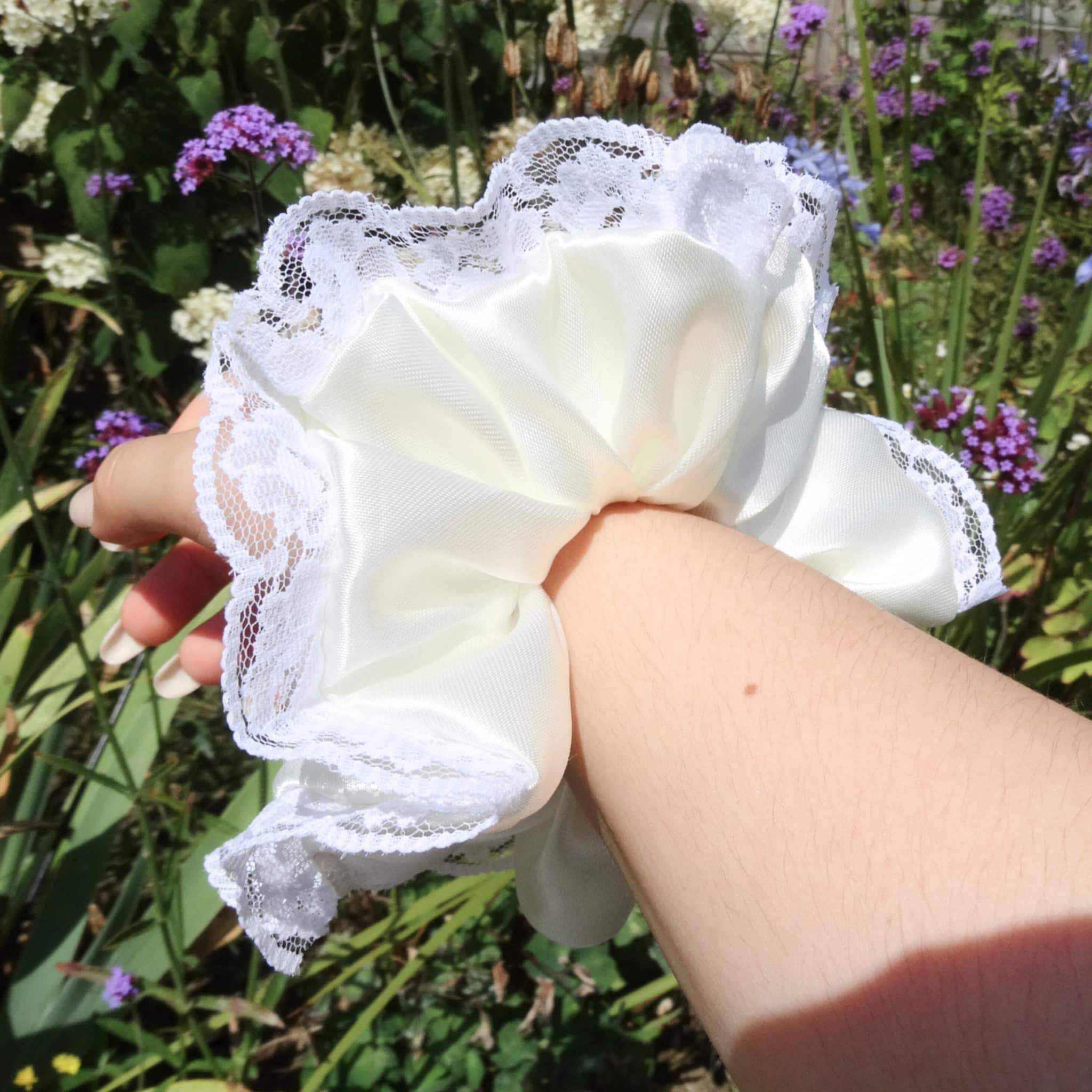 Stella Satin Scrunchie | Soft Cream Ivory with Lace Trim