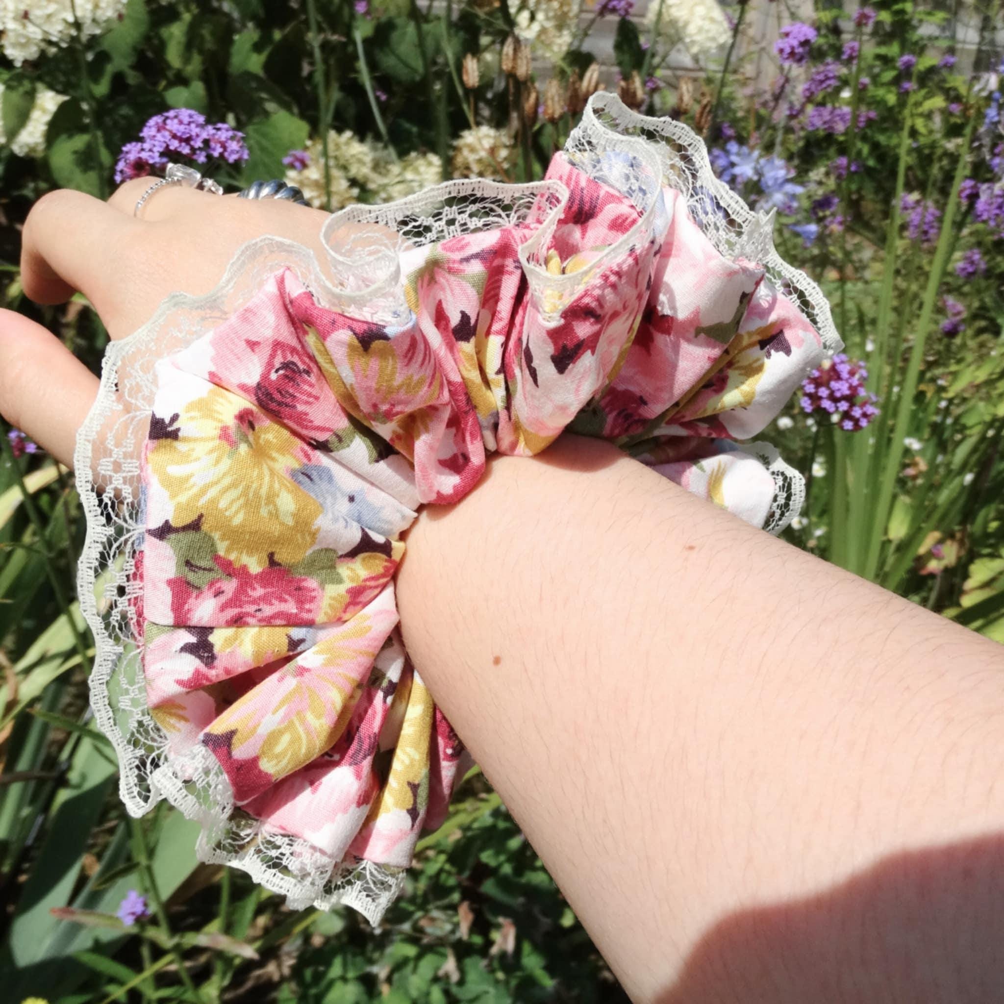 Mae Cotton Floral Scrunchie | Soft Pink & Pastel Mix with Lace Trim