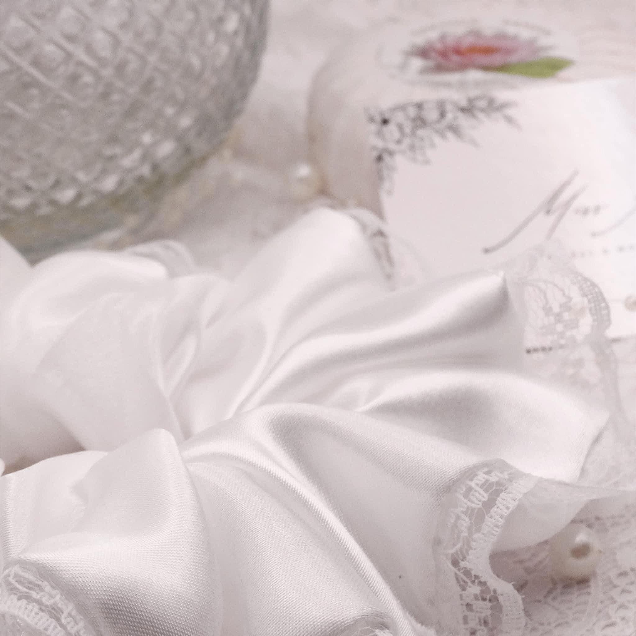 Brielle Satin Scrunchie | Delicate Soft White with Lace Trim