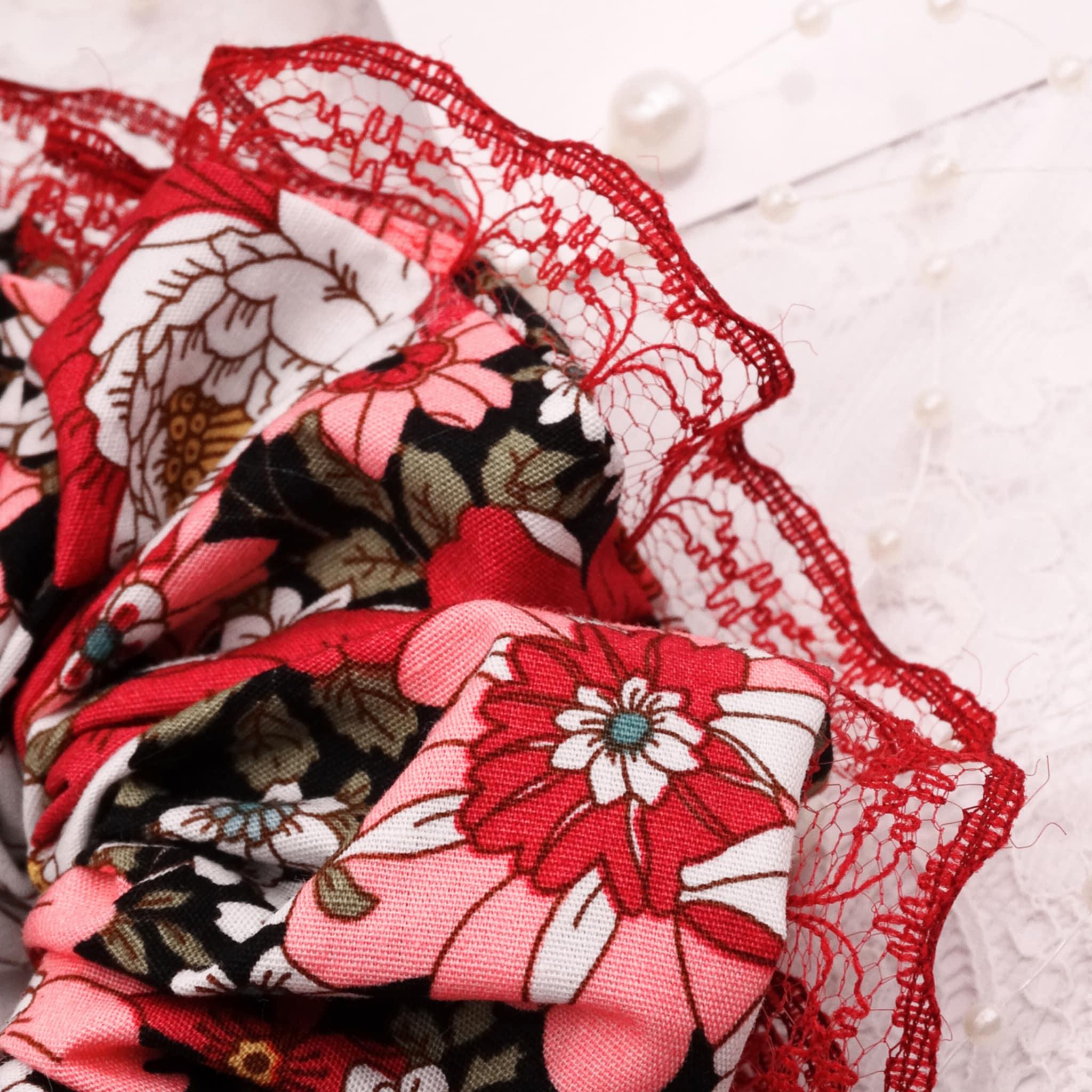 Gia Cotton Floral Scrunchie | Soft Dark Pink with Green & Black Accents, Lace Trim