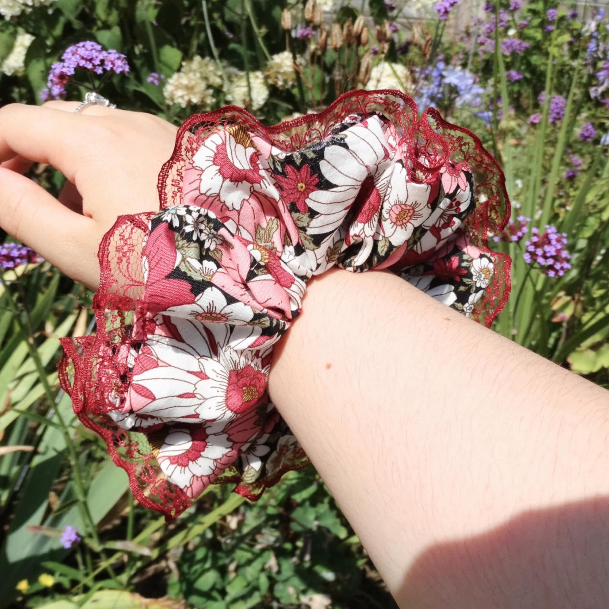 Gia Cotton Floral Scrunchie | Soft Dark Pink with Green & Black Accents, Lace Trim