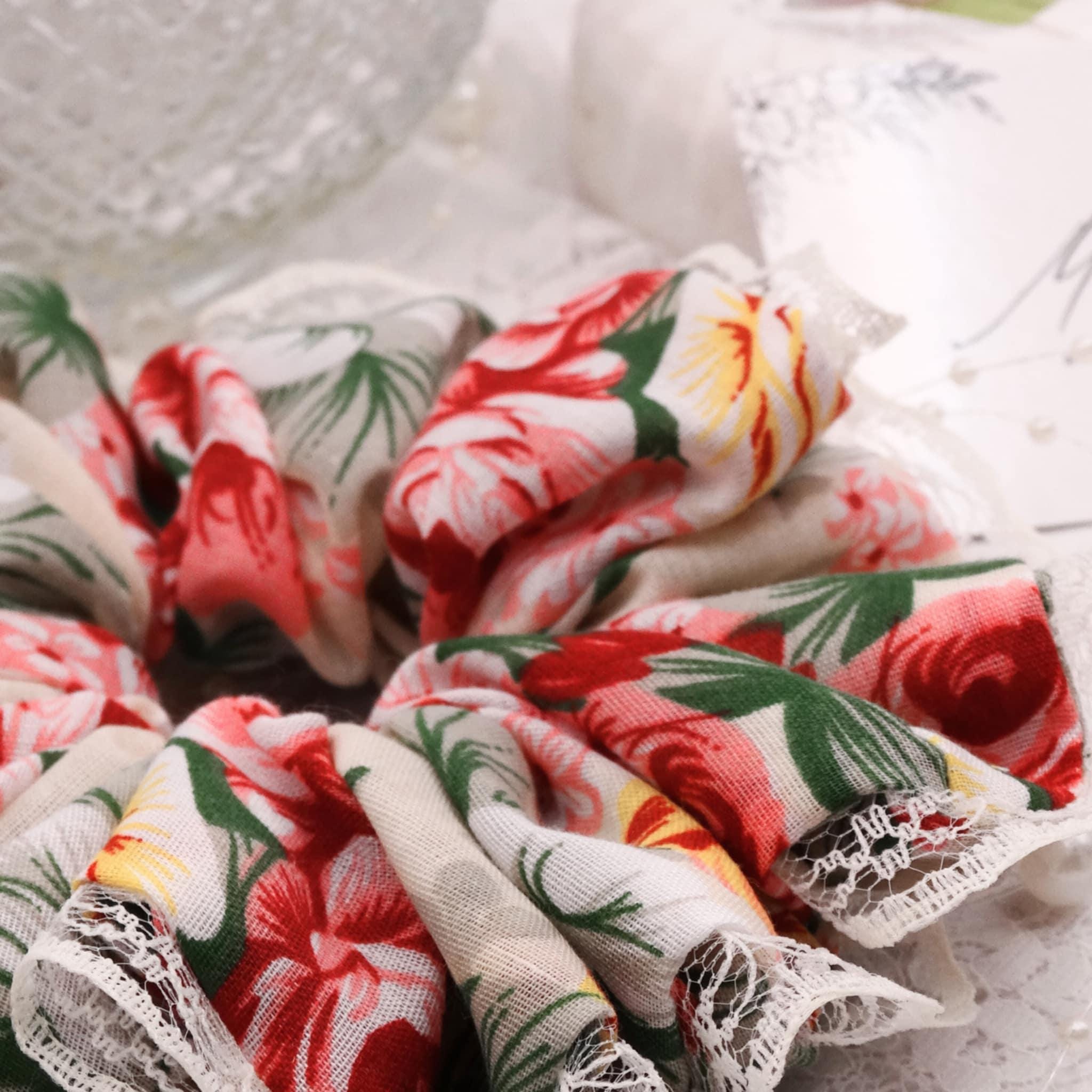 Flora Cotton Floral Scrunchie | Soft Light & Dark Pink with Sage and Dark Green Lace Trim