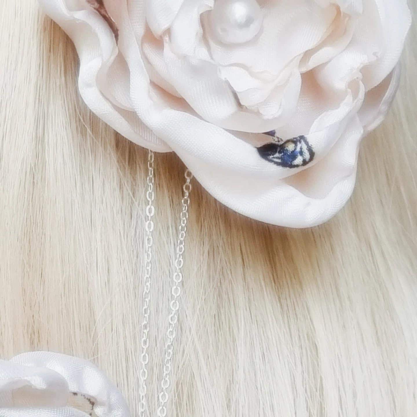 Rosaline Satin Flower Hair Clip with Hanging Pearl Chain | Pink Hair Accessory