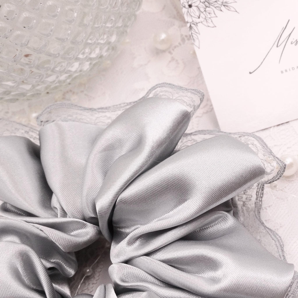 Willow Satin Scrunchie | Delicate Teal Blue Grey with Lace Trim