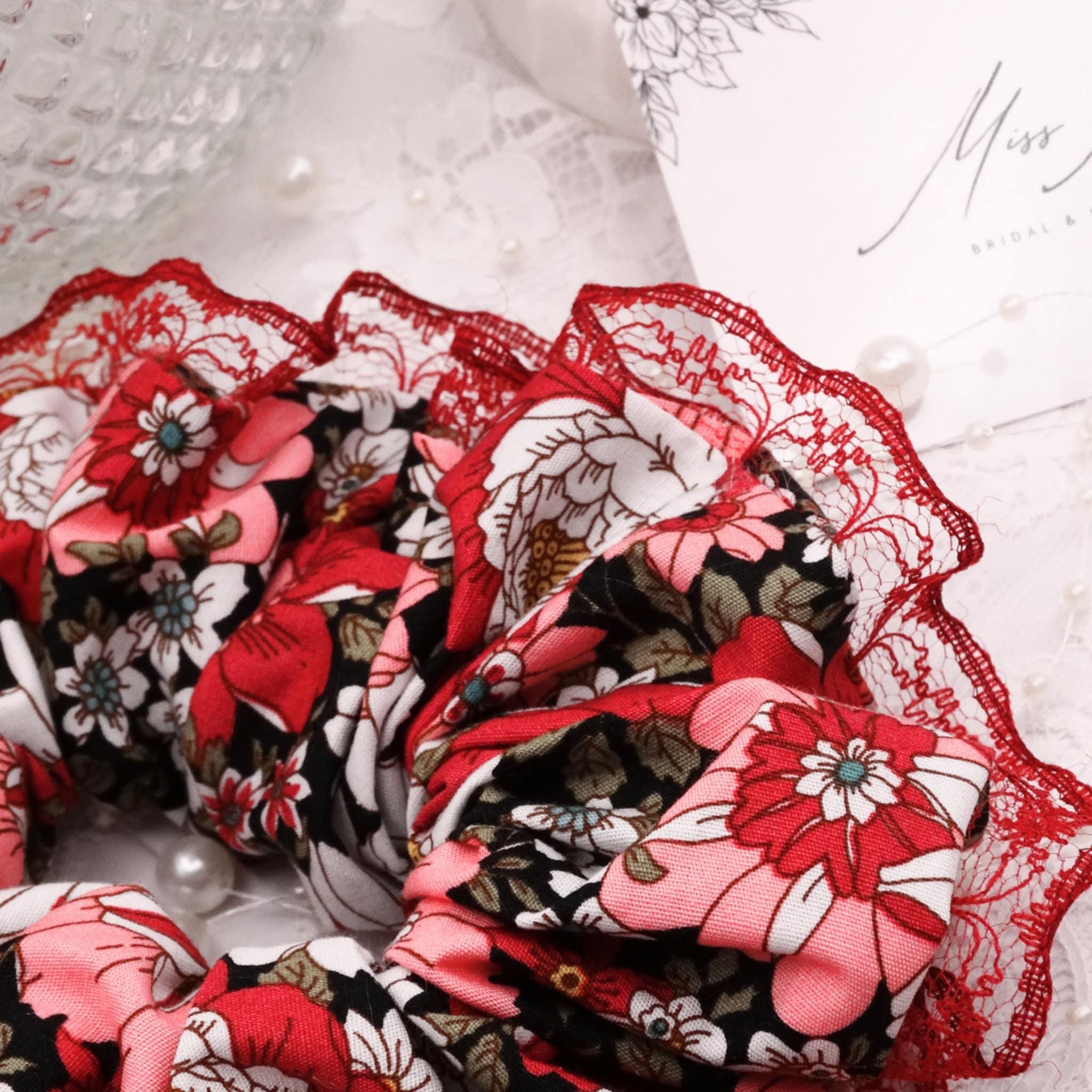 Gia Cotton Floral Scrunchie | Soft Dark Pink with Green & Black Accents, Lace Trim