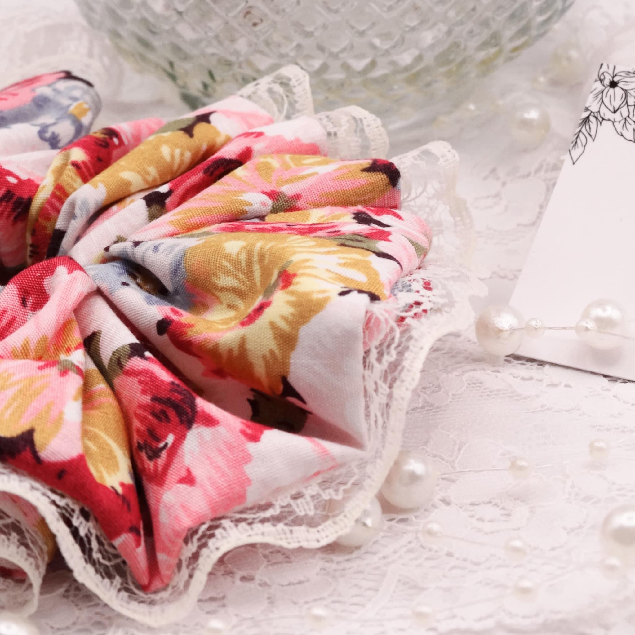 Mae Cotton Floral Scrunchie | Soft Pink & Pastel Mix with Lace Trim