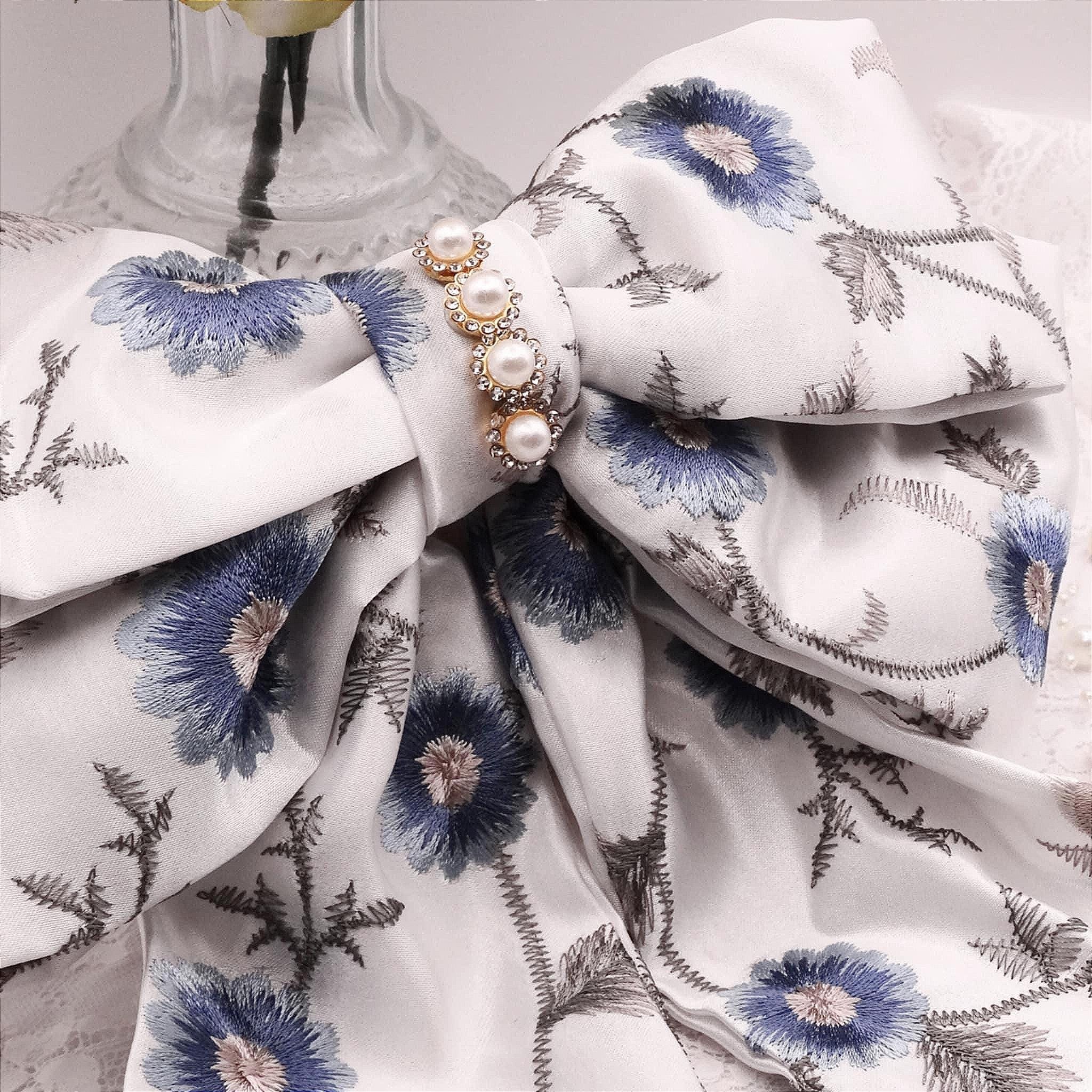 Ophelia Satin Hair Bow | White & Pastel Beaded Bow