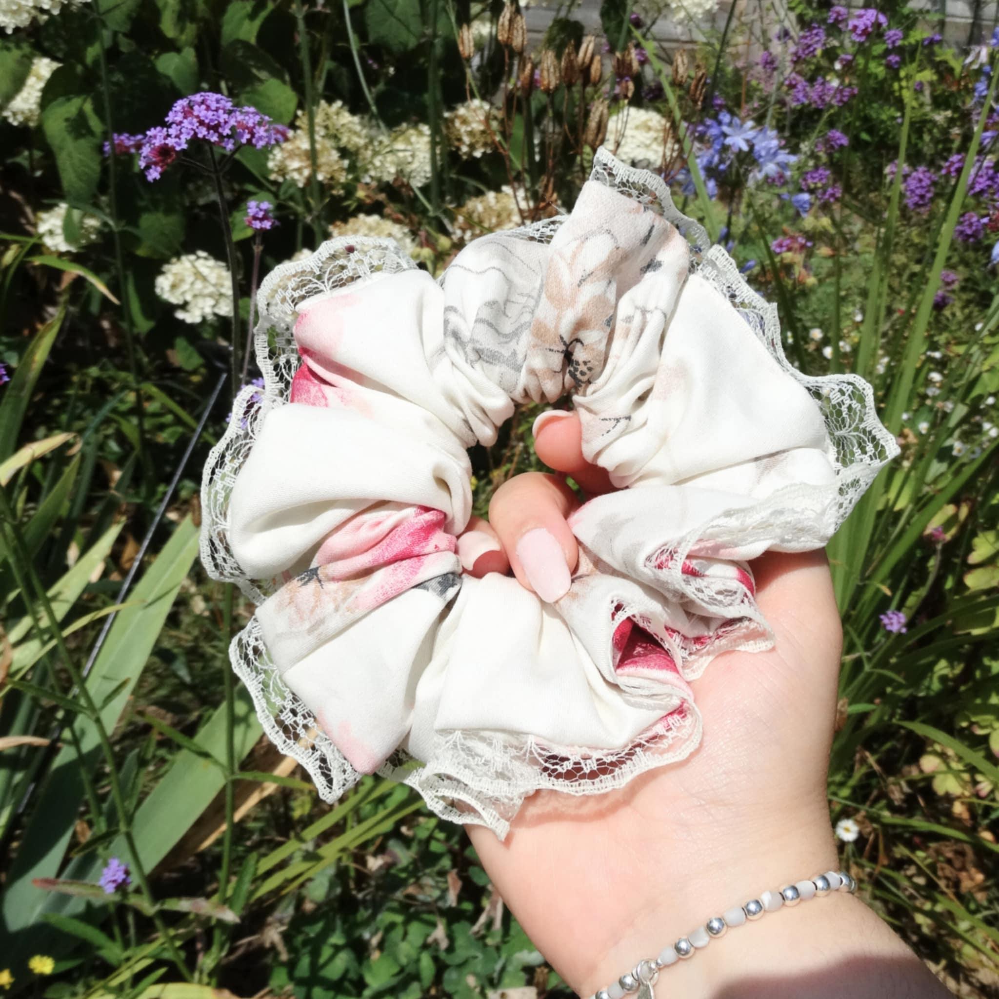 Layla Cotton Scrunchie |  Soft Beige Cream Pink with Lace Trim