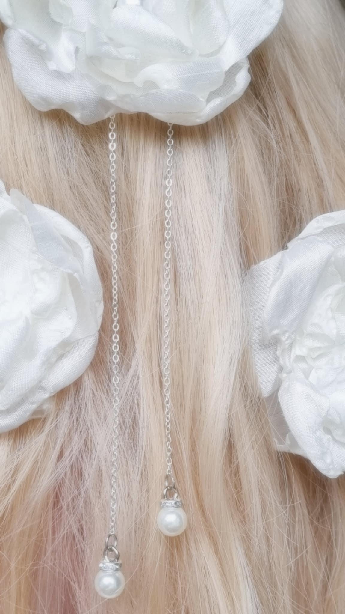 Primrose Silk Flower Hair Clip with Hanging Pearl Chain | Ivory Hair Accessory