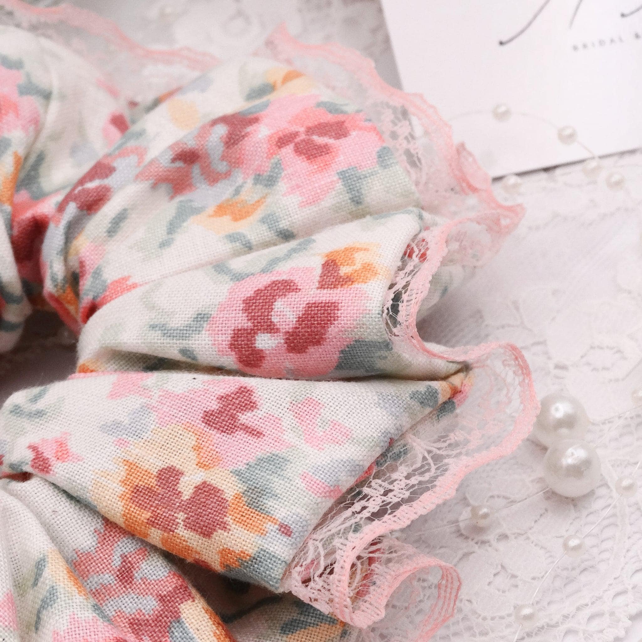 Lydia Cotton Floral Scrunchie | Soft Beige, Cream Pink & Pastel Accents with Lace