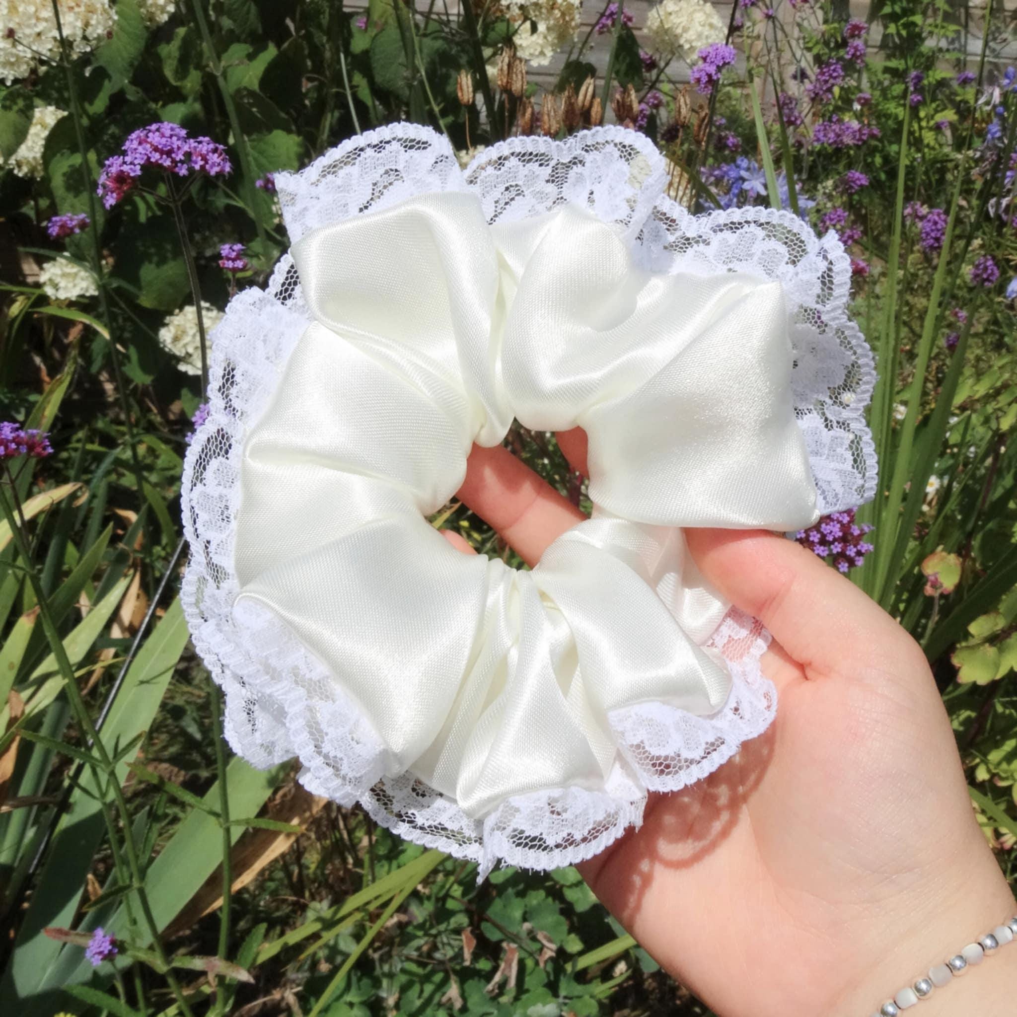 Stella Satin Scrunchie | Soft Cream Ivory with Lace Trim
