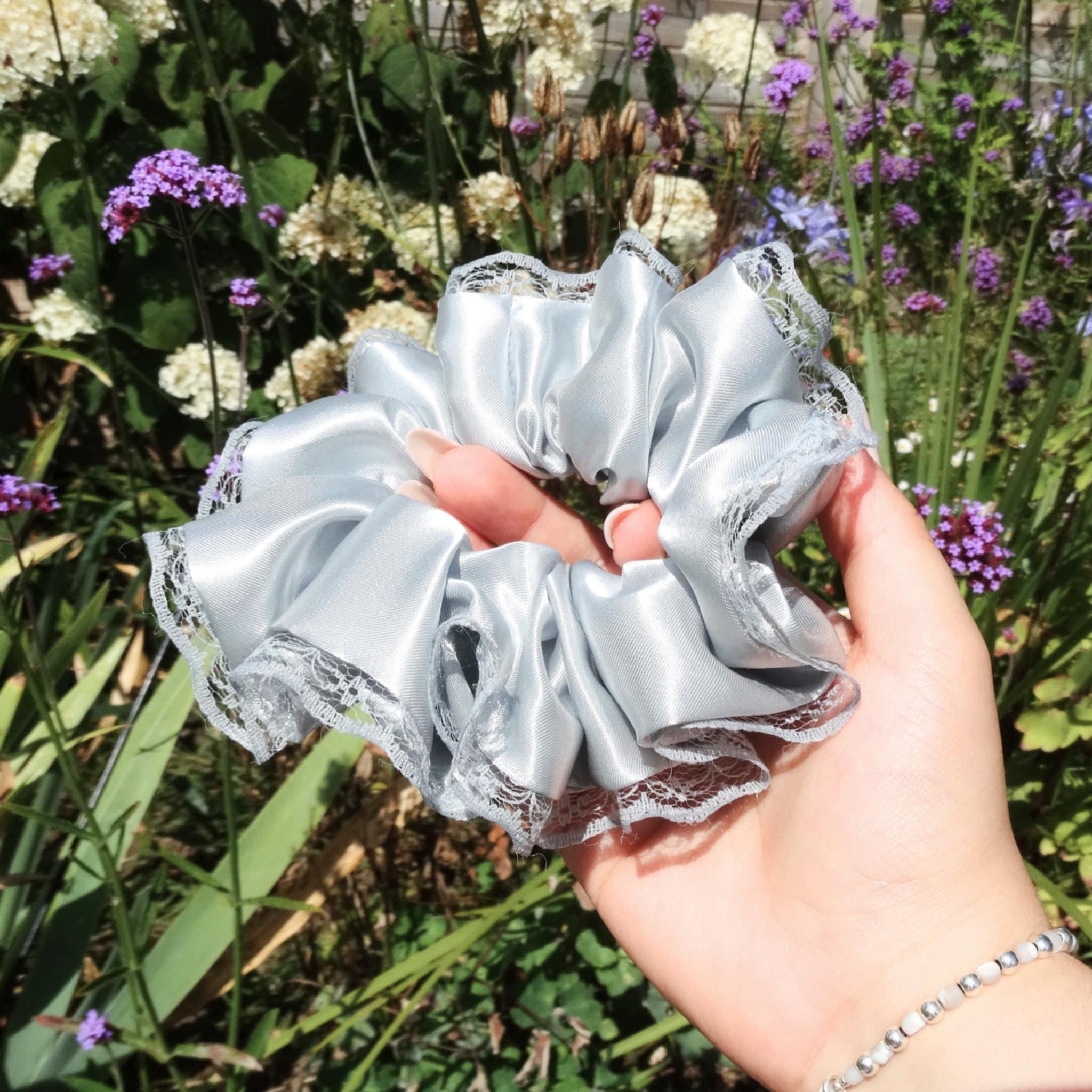 Willow Satin Scrunchie | Delicate Teal Blue Grey with Lace Trim