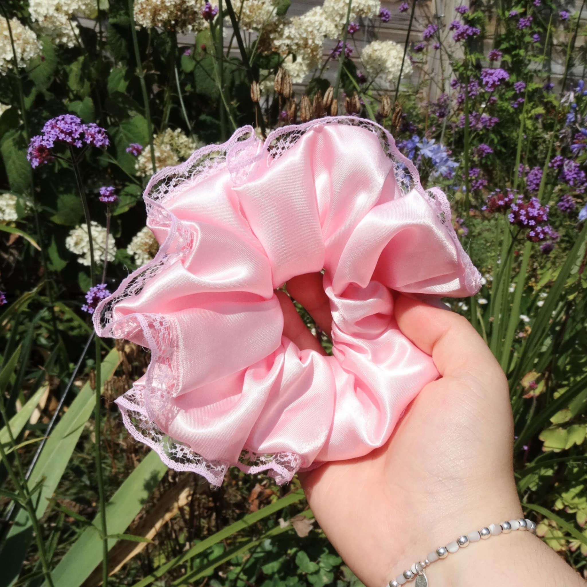 Blossom Satin Scrunchie | Delicate Pink with Lace Trim